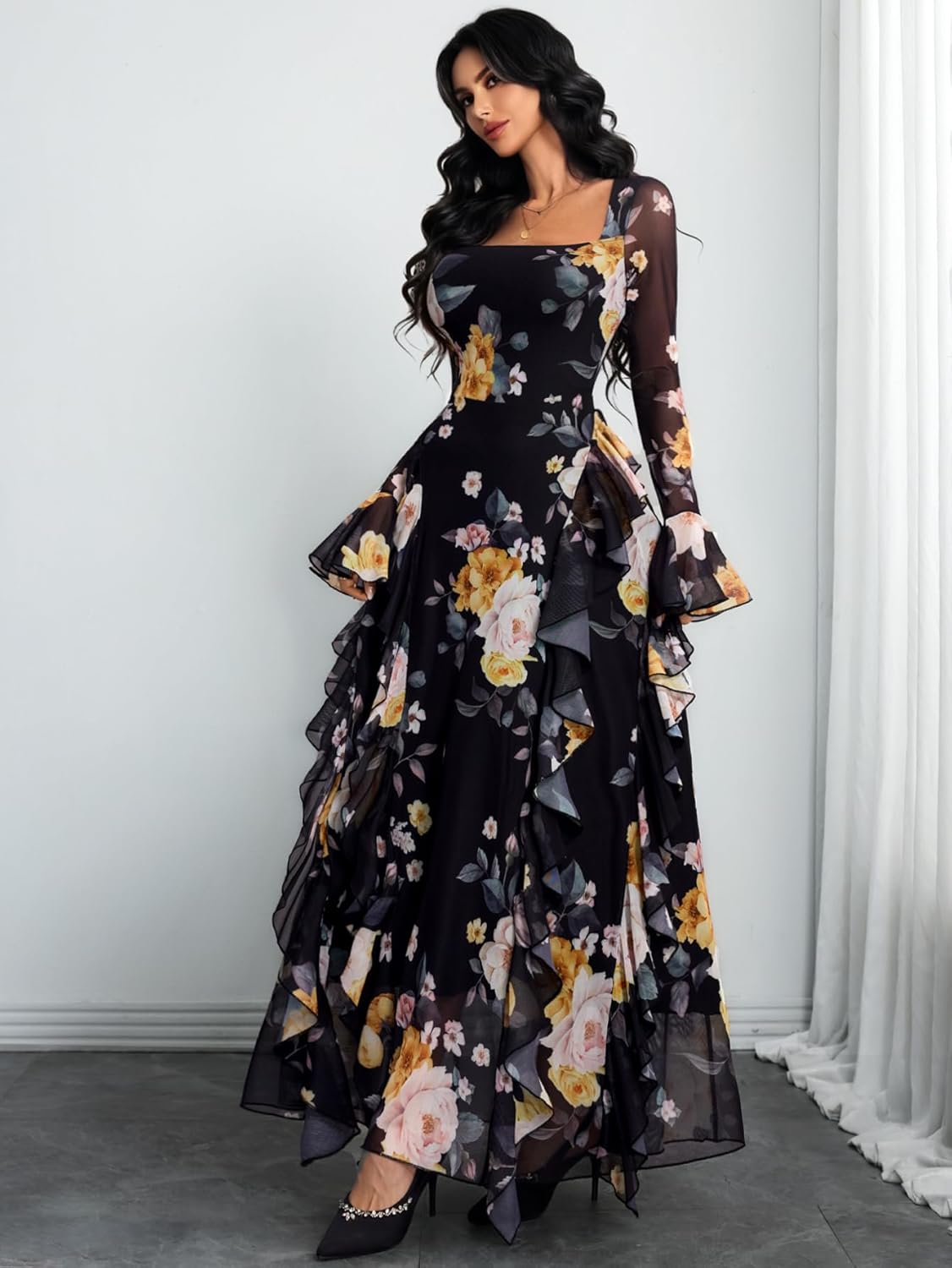 GothDark Women's Floral Dress Mesh Sheer Long Sleeve Square Neck Ruffle Layered Elegant Date Night Holiday Party Outfit - Image 3