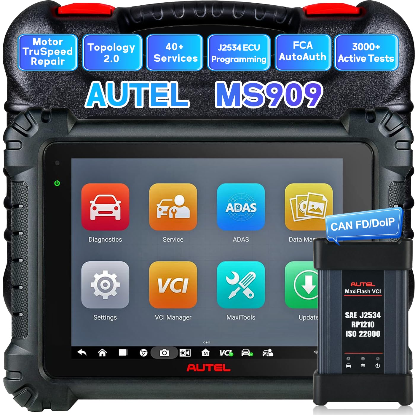 Autel MaxiSys MS909 Scanner, Motor TruSpeed Same as MS919 Ultra Diagnostic Tool, Up of MS908S PRO II, ECU Coding & Programming, 40+ Services, Topology 2.0, 3K+ Active Tests, FCA AutoAuth