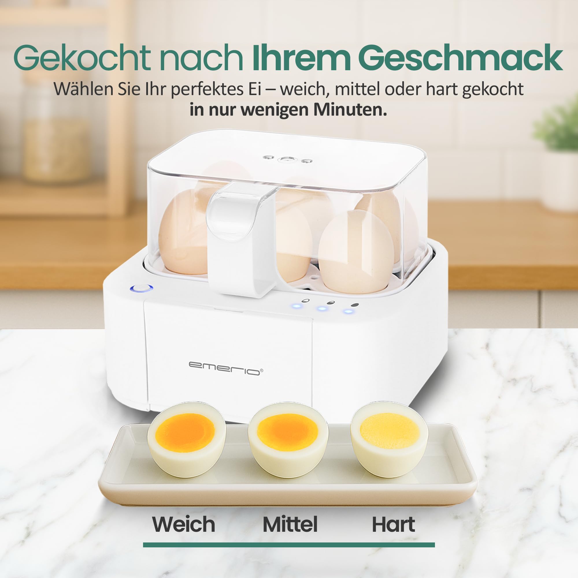 EMERIO excelente y único cocedor de huevos cocina los tres niveles de cocción [suave|medio|duro] en un solo proceso de cocción con resultados perfectos y salida de voz multilingüe en DE EN FR ES IT PL
