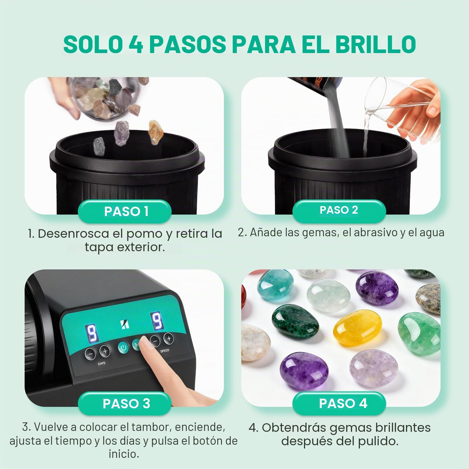 Huanyu Pulidora de rocas capacidad máx. 1.8 kg, Motor de 9 Velocidades, Temporizador de 9 Días, Pulidora de Piedras, Incluye accesorios completos para adultos y coleccionistas aficionados al bricolaje