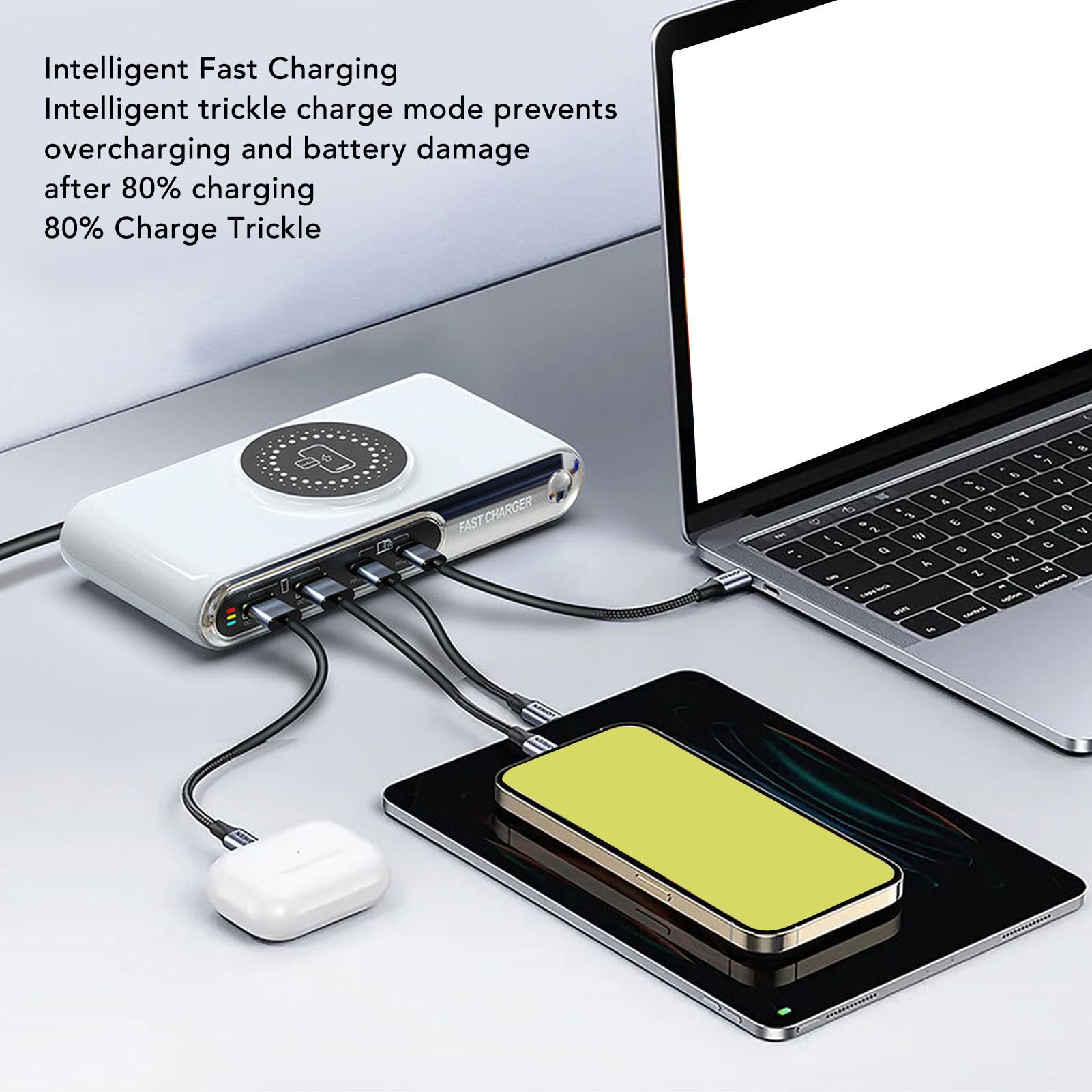 Annadue Estación de Carga Rápida de Escritorio, 72W Multi Port USB C Wireless Charger Hub, 45W PD, Protección de Seguridad Inteligente, para la Tableta Portátil y Uso (Enchufe de la UE)