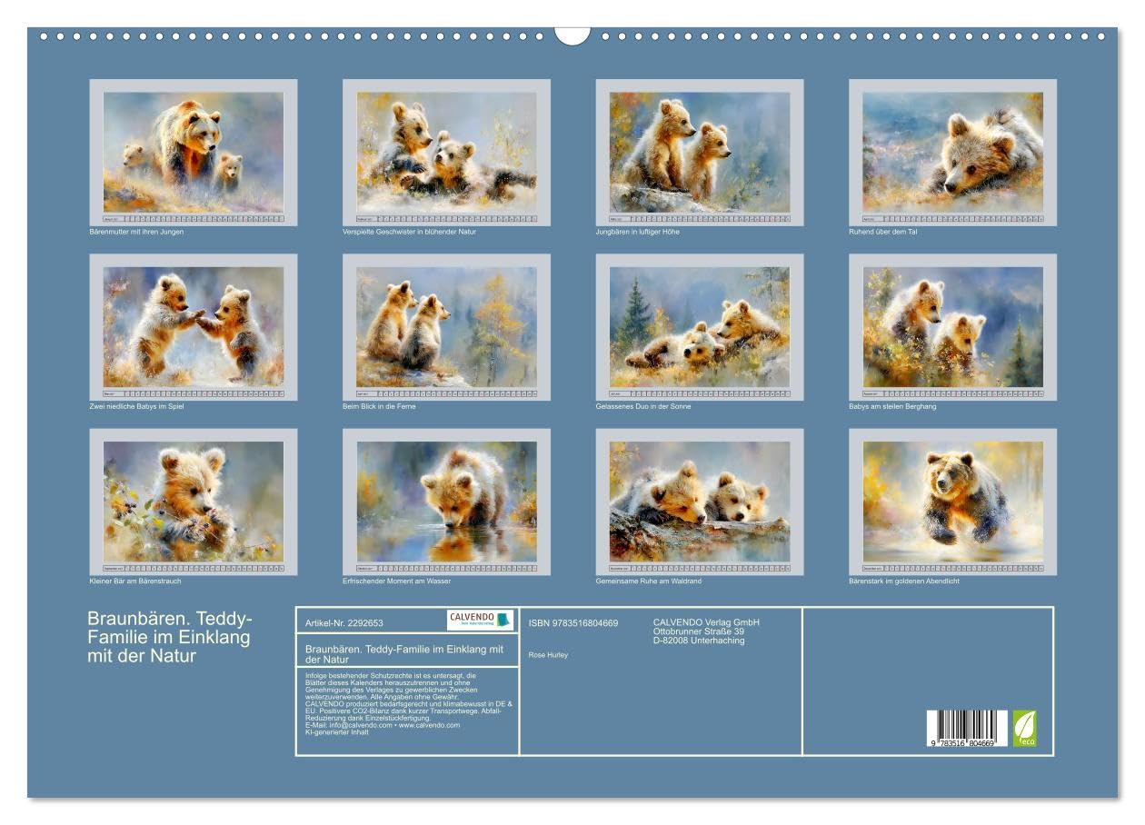 Braunbären. Teddy-Familie im Einklang mit der Natur (Wandkalender 2027 DIN A2 quer), CALVENDO Monatskalender: Malerische Illustrationen zeigen ... Licht und harmonischer Natur (CALVENDO Tiere)