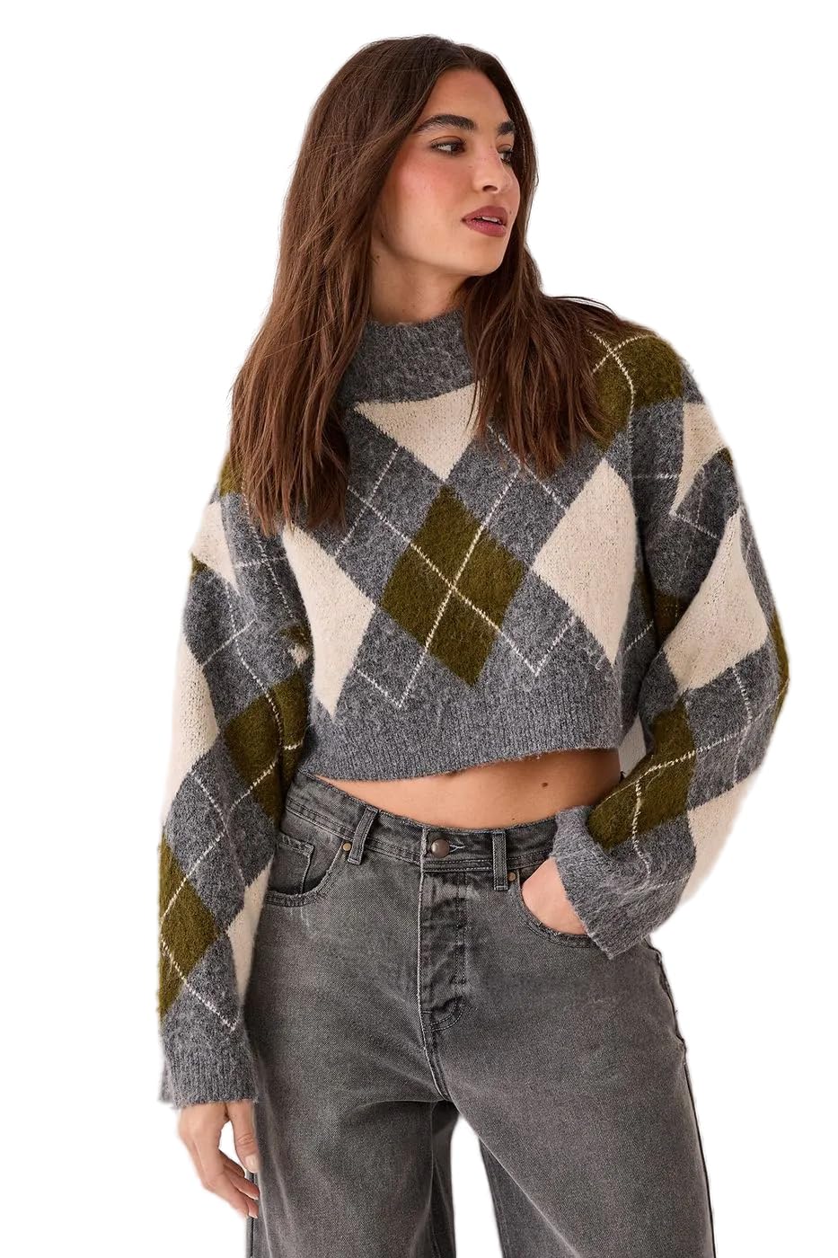Gray Brushed Argyle Turtleneck Boxy Cropped Jumper