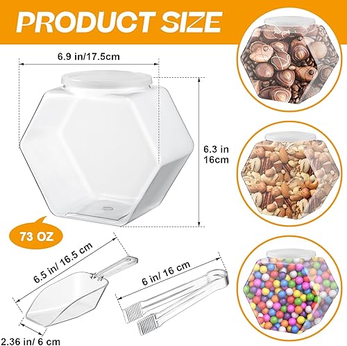 Miniatura 2 de Umigy 2 juegos de tarros de plástico para dulces, bufé, forma hexagonal, tarros de galletas transparentes con tapas, pinzas de plástico para servir