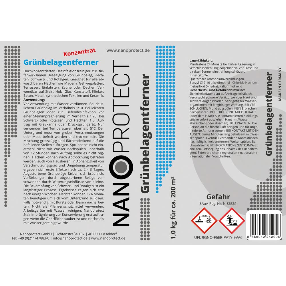 Nanoprotect Grünbelagentferner Konzentrat | 2 x 1 kg für 400 m² | Algenentferner und Flächendesinfektion | Kein Hochdruckreiniger nötig | Ideal für Pflastersteine und Gehwege