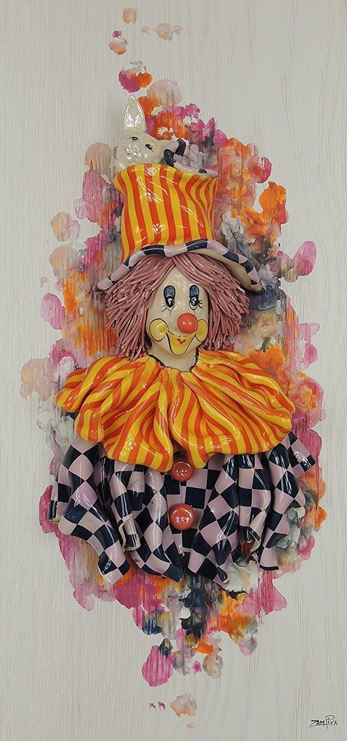 Painting with 1.5 cm wooden panel and ceramic clown, by Zampiva. Handmade, with mother-of-pearl details.