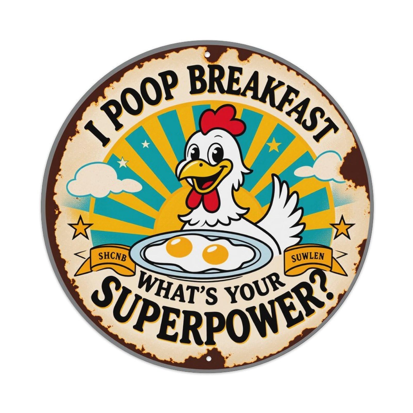 Chicken Egg Breakfast Superpower Fun Round Tin Sign Vintage Style Metal Sign Home Bar Garden Wall Plaque Decor Metal Poster 8x8 Inch