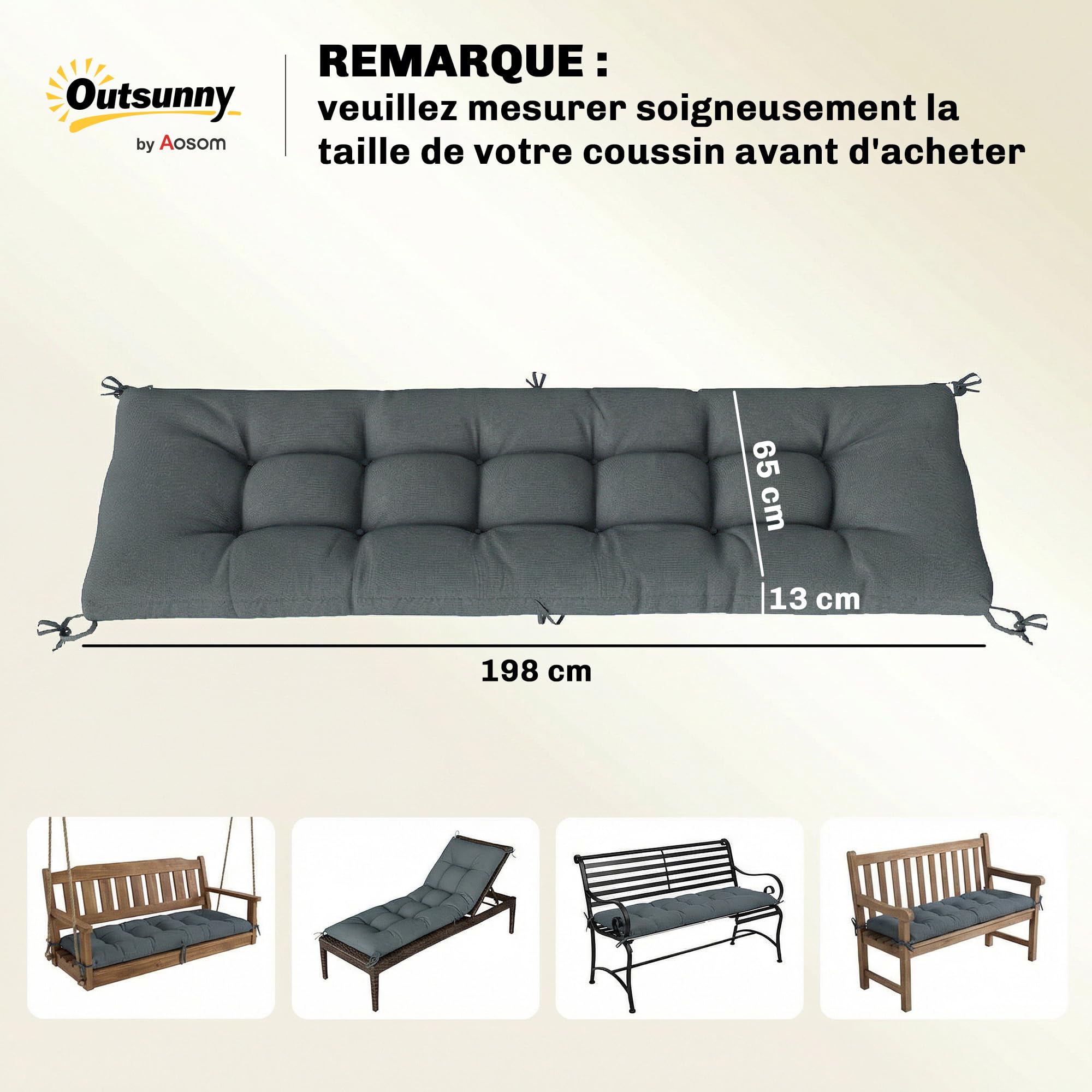Outsunny Coussin Bain de Soleil Chaise Longue en Mousse à Mémoire, avec Sangles de Fixation, Protection UV50+, Coussin de Banc Matelas Assise pour Canapé Banc de Jardin, 198x65x13cm, Gris foncé