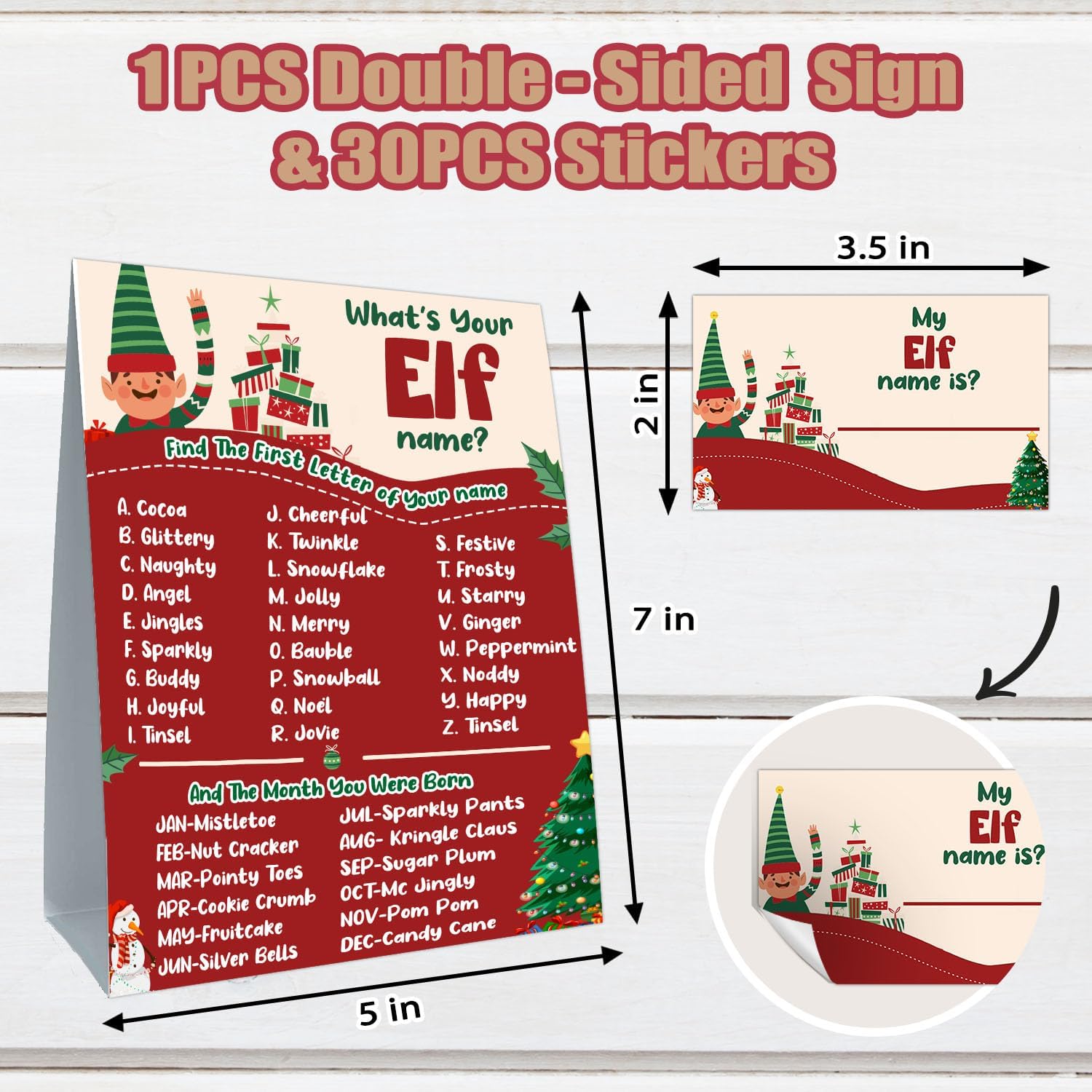 What is Your Elf Name Game, Elf Theme Birthday Game Set, Including 1 Elf Name Game Double Sided Sign and 30 Name Sticker, Birthday Party Games image 2