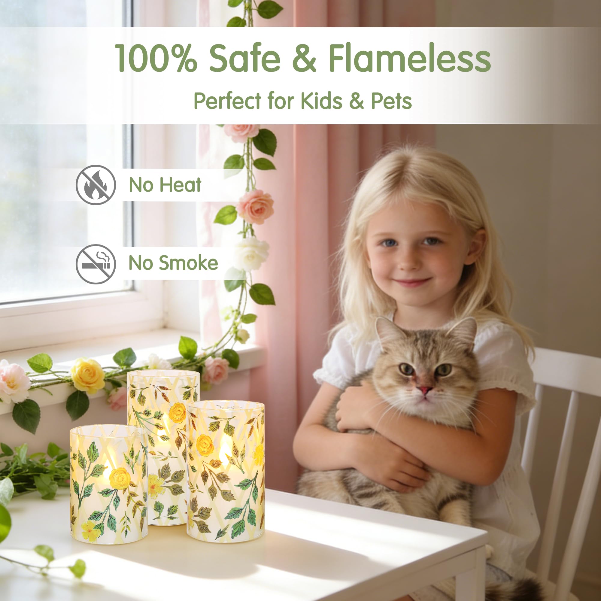 Flammenlose LED-Kerzen mit Fernbedienung und Timer, Gelb Blume Grünes Gras Design, Glas Stumpenkerzen 3er Set