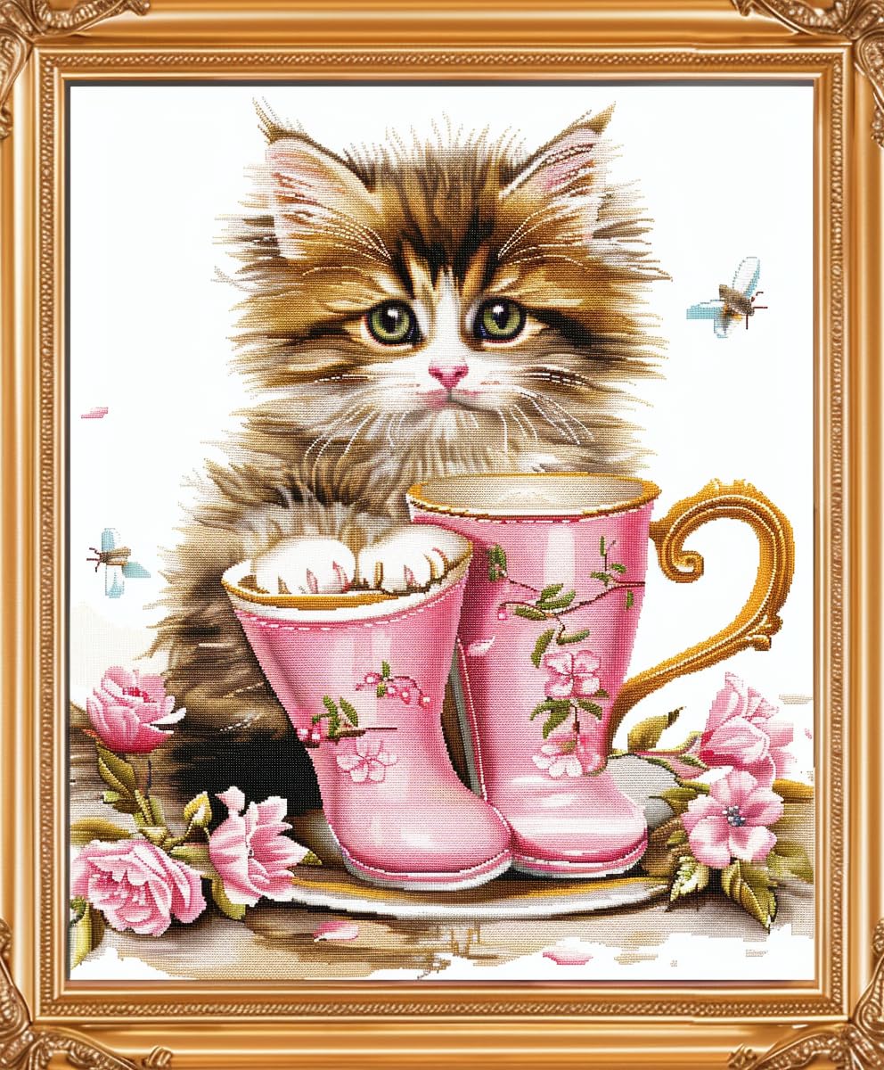 A Cute Kitten in Boots Flowers DIY 11CT Stamped Cross Stitch Kits for Beginners Easy Needlepoint Embroidery Counted Cross Stitch Art Craft for Wall Decoration 12x16inch(2)