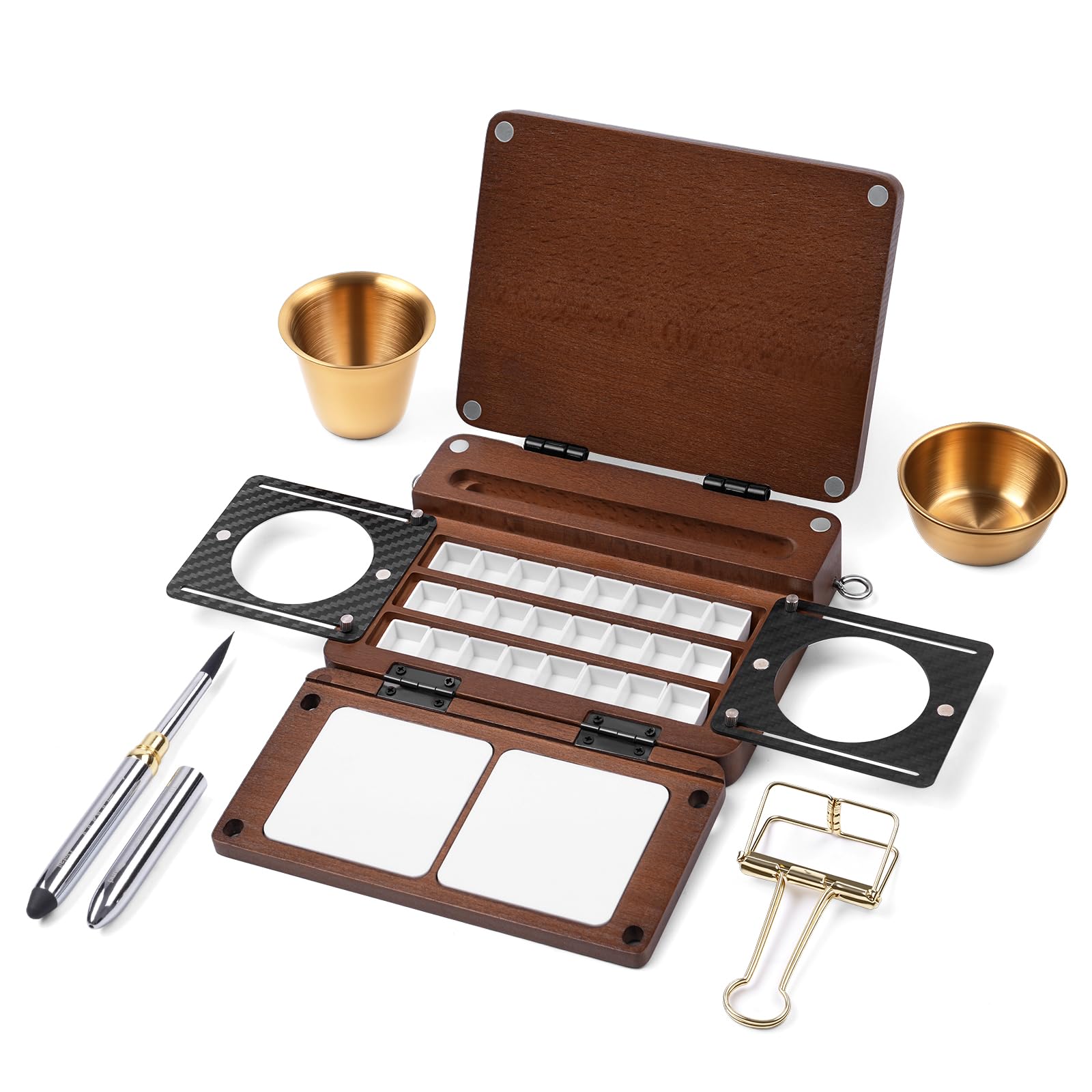Fuumuui All-in-One Walnut Wood Palette Tray Kit, 24-Grid Empty Travel Watercolor Palette Box, Mini Portable Sketchbox for Plein Air Painting with Three Ends Travel Brush and Watercolor Cup