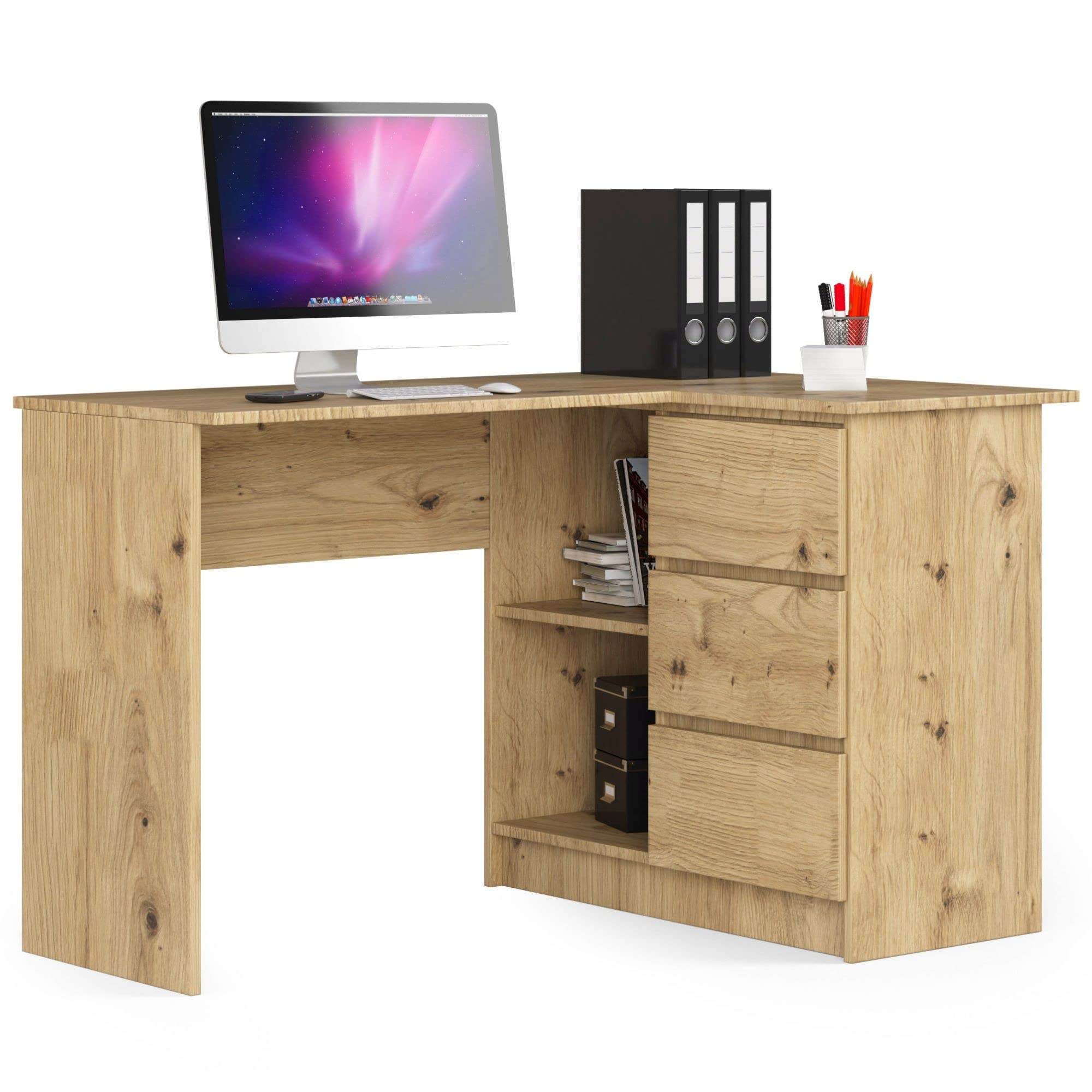 Escritorio esquinero AKORD B16 Roble Artisan 124 cm con lado derecho 3 cajones frente en color Roble Artisan 2 estantes 124x85x77 cm