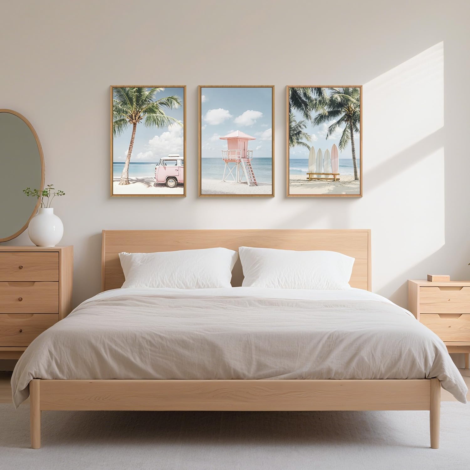 TOARTi Pastell Rosa Palme Leinwanddrucke Tropische Surfbrett Sommer Dekor Gerahmte Strand Wandbilder 3er Set Modern Tropische Wanddekoration mit Bulli für Wohnzimmer Schlafzimmer Badezimmer 30x40CM