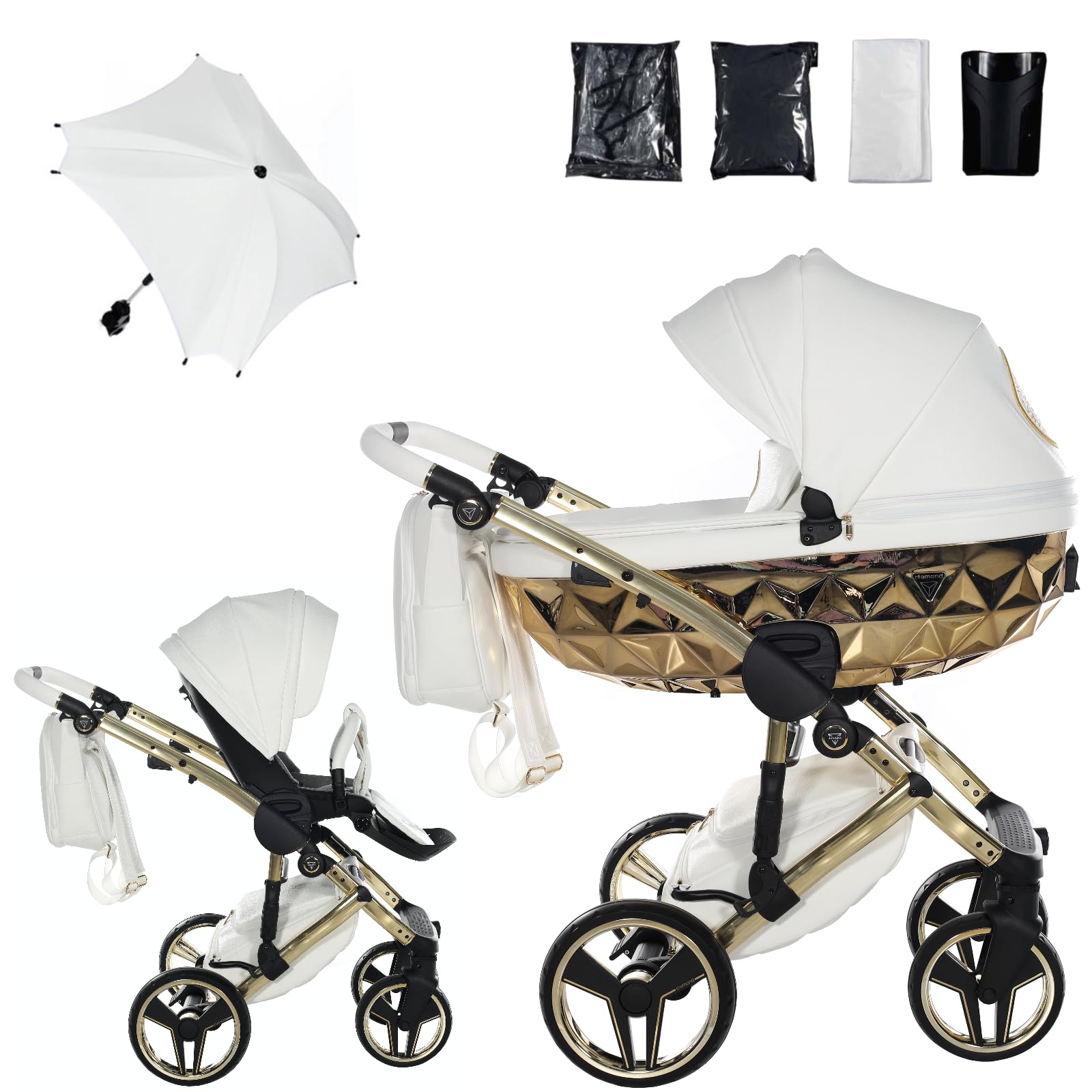 Junama Passeggino TRIO Hand Craft 08 Bianco e Oro - 2in1 3in1 4in1 + ombrellino (2 in 1)
