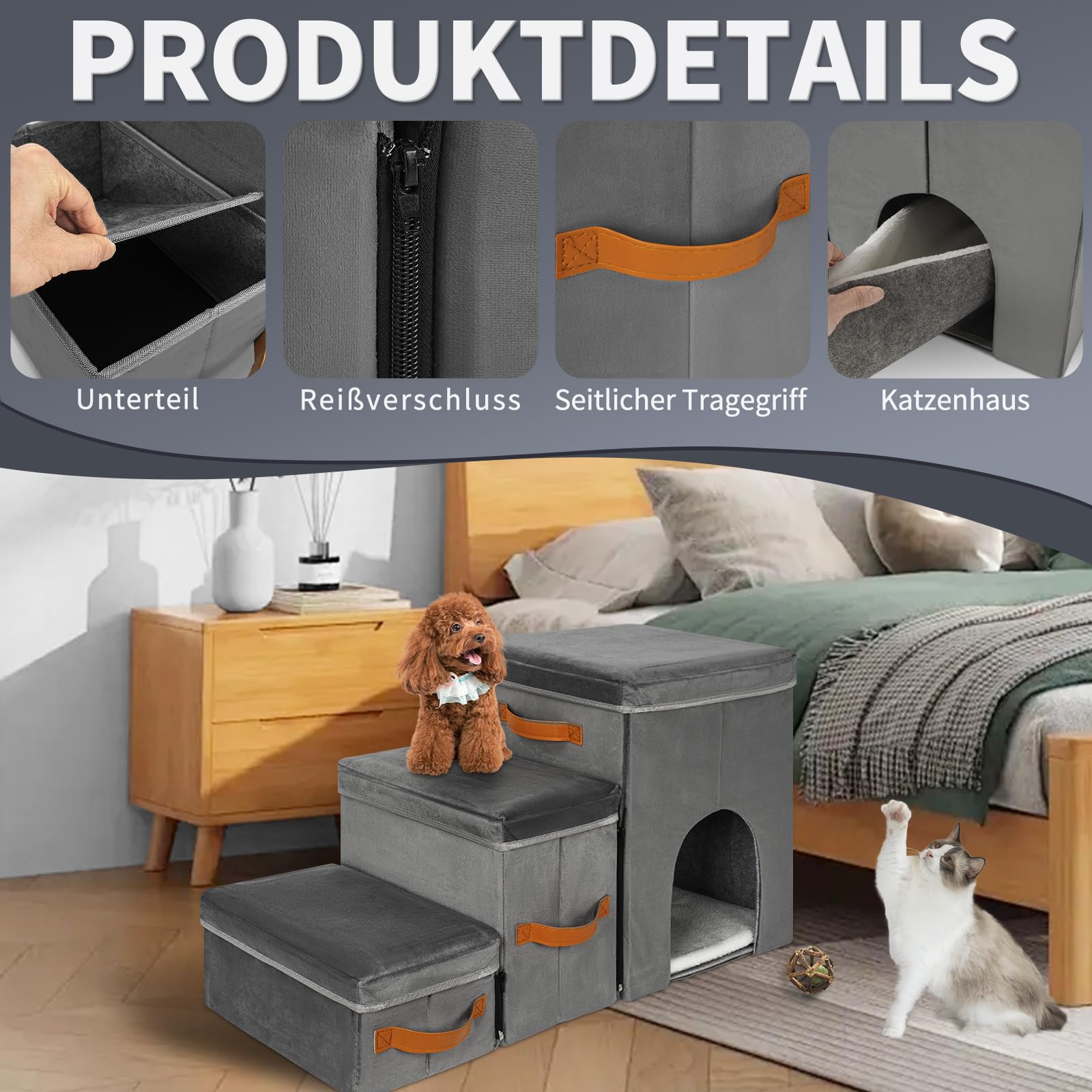 OUUTMEE Haustiertreppe 3 Stufen mit Zwingerdesign Hundetreppe Zusammenklappbar mit Stauraum,Kombinierte Verwendung Hundetreppe Bett für Betten,Sofas,Maximale Tragfähigkeit 30 kg