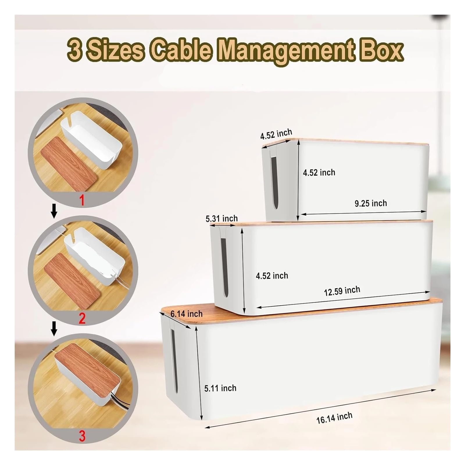 HIZON Caja de Almacenamiento de Cables, Caja de regleta de alimentación de Madera, Organizador de gestión de Cables, contenedor de Almacenamiento de Enchufe de Cargador(L-40.5x15.7x13.6cm)