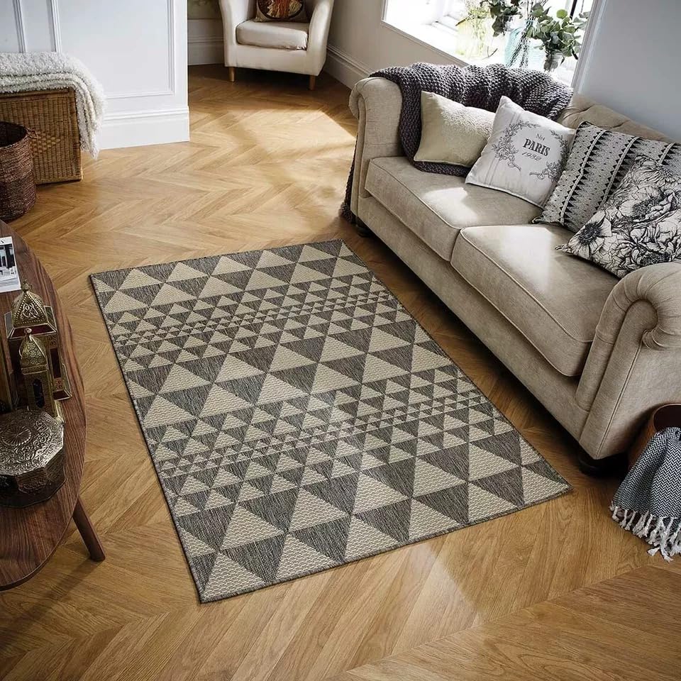Washable Anti-Slip Rug for Indoor & Outdoor | Durable Kitchen, Hallway & Patio Rug | Water-Resistant, Fade-Resistant Flatweave | Geometric Design, Easy to Clean (Prism Grey, 60x180cm (Runner))