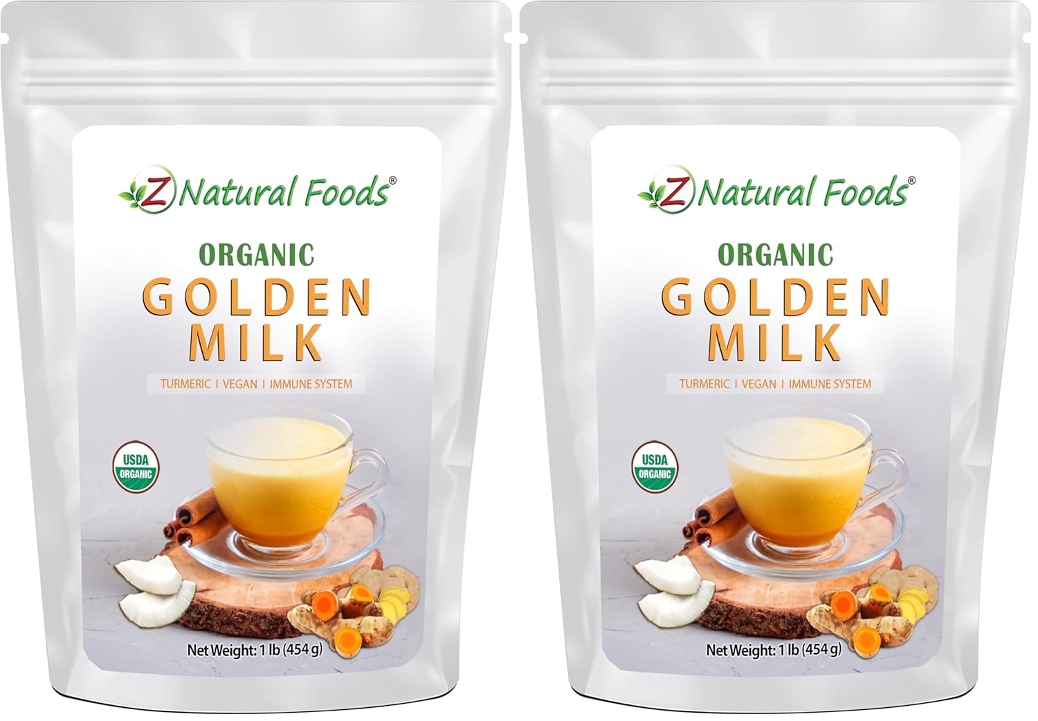 Z Natural Foods Organic Golden Milk Powder - Turmeric Superfood Blend, Mix In Coffee, Tea, Lattes, Smoothies Recipes - Non GMO, Vegan, Gluten Free - 1 lb (Pack of 2)