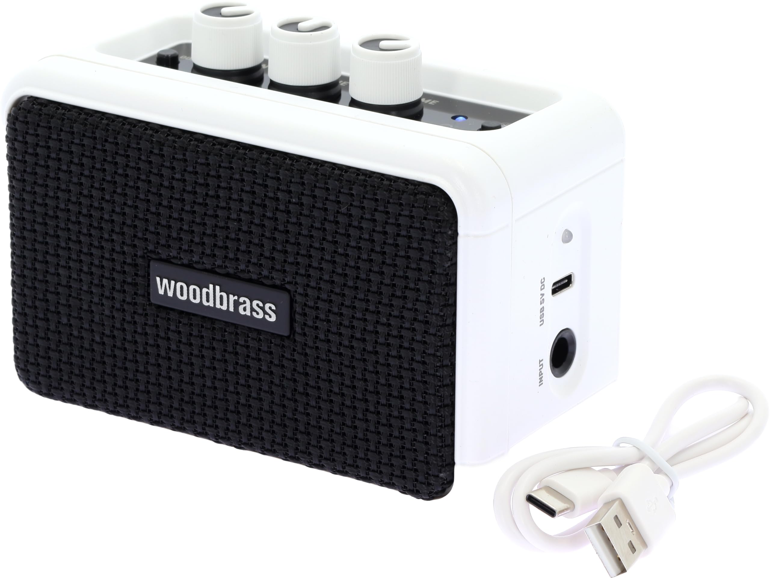Woodbrass GE5 - Enceinte connectée/Ampli Guitare Électrique 5W Compact et Rechargeable - Clean/Overdrive, Sortie Casque, Enceinte Connectée sans Fil, Format Nomade, 7h d’Autonomie - Blanc/Noir