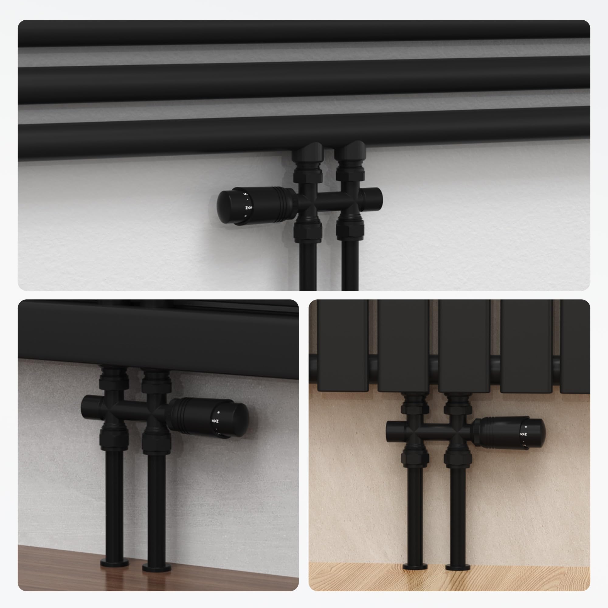VANCOCO 2 pezzi multiblocco con termostato per radiatori 50 mm distanza mozzo, blocco rubinetto, rubinetti valvola a forma di passaggio con cono europeo per tubi in plastica Ø 16 × 2 mm e diametro 15