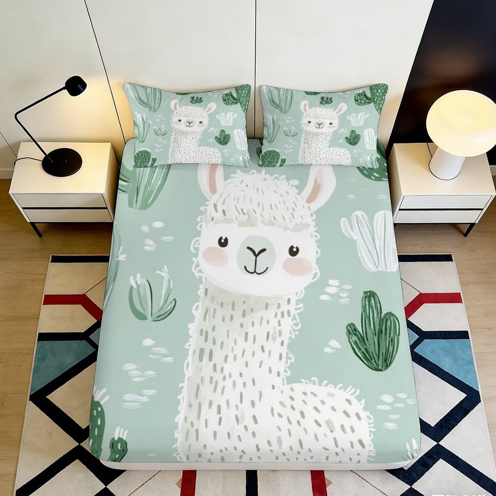 3D Printed Cute Llama Fitted Sheet Microfiber Soft Green Cartoon Cactus Bed Cover for Bedroom Dorm Mattress Decor 90x200x25cm
