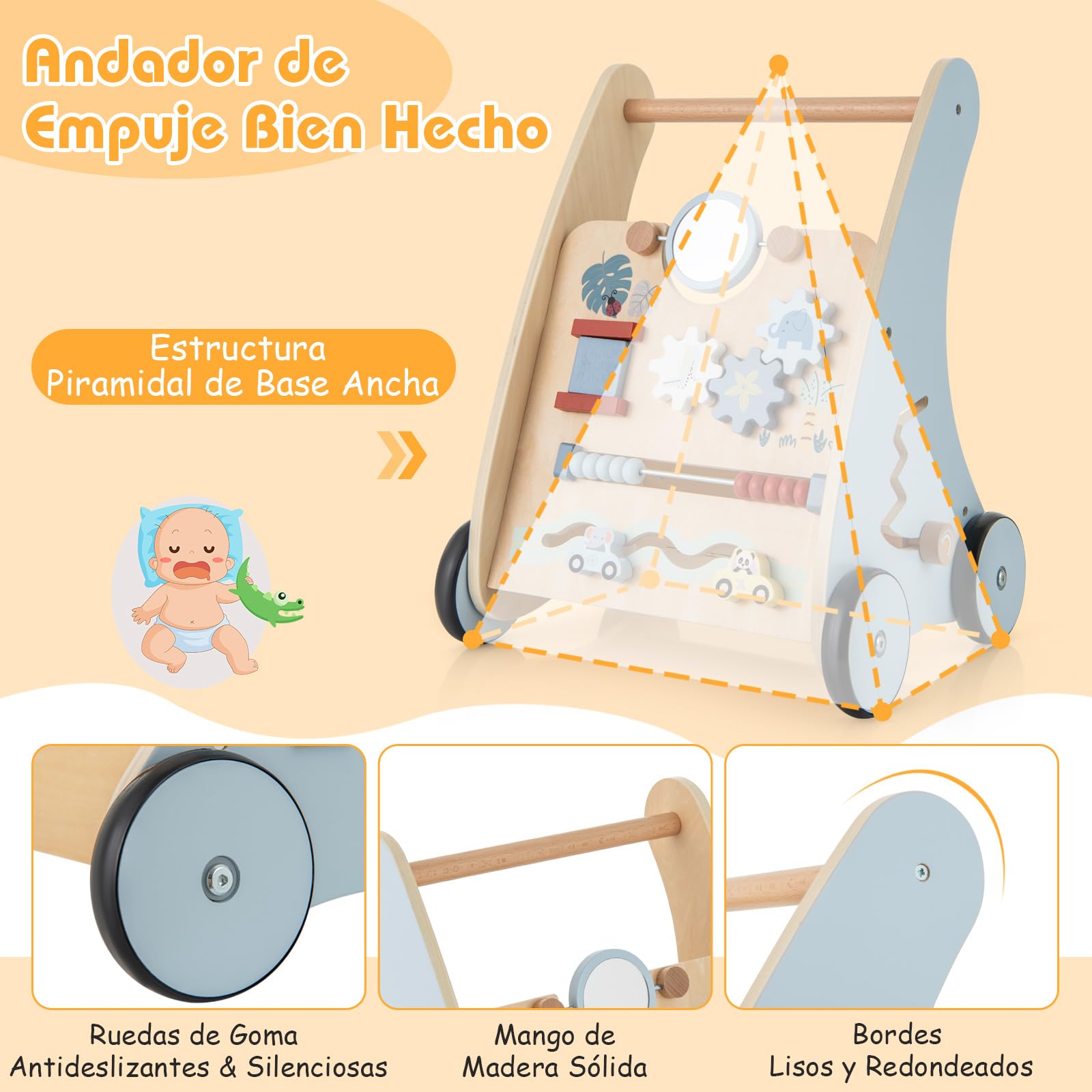 COSTWAY Andador Bebés de Madera, Andador de Aprendizaje para Empujar de Actividades Múltiples, Juguetes de Actividad con Almacenamiento, Juguete para Caminar para Niños