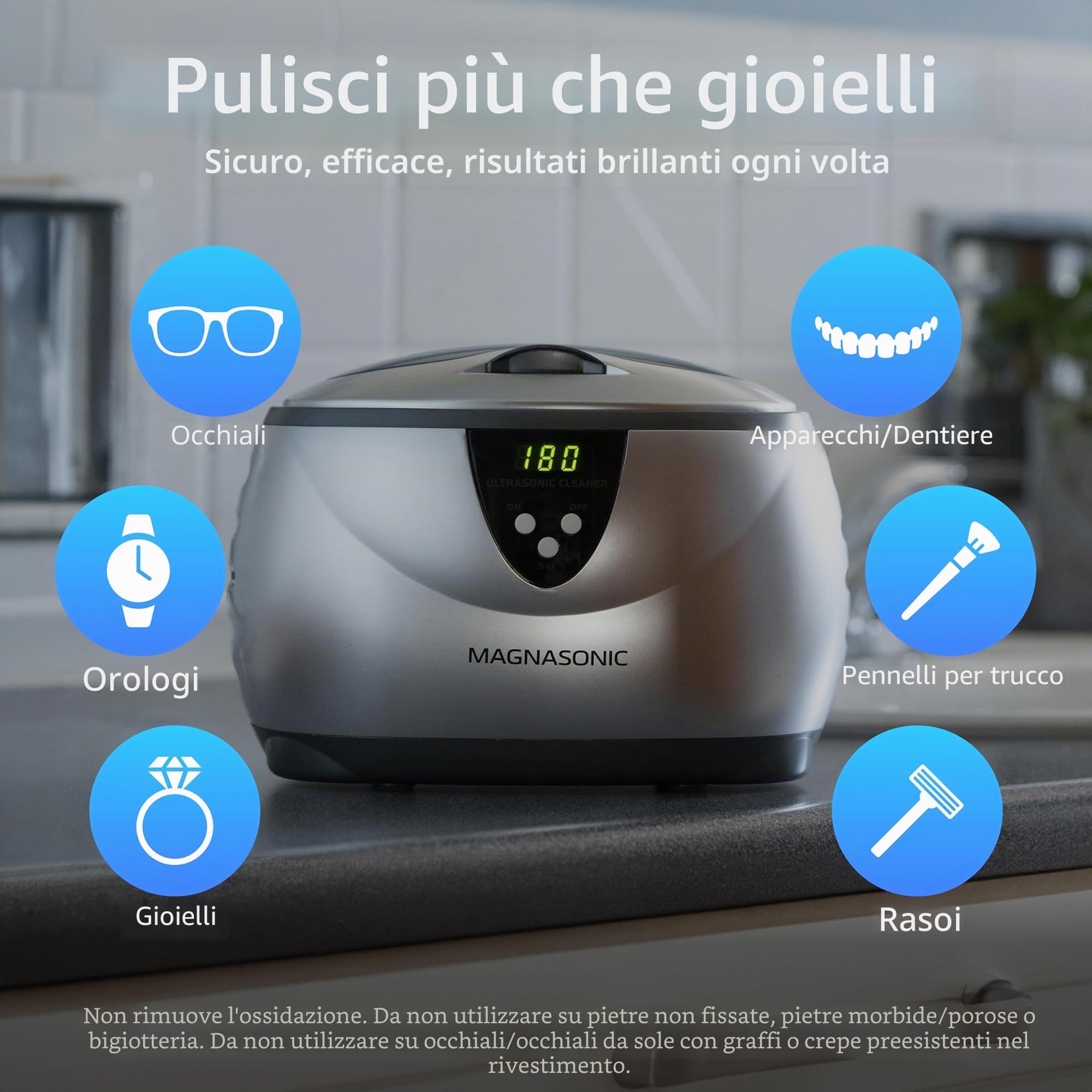 Magnasonic Pulitore a Ultrasuoni - Vasca in Acciaio Inox da 20 oz, Timer Digitale, 5 Modalità di Pulizia, Pulitore a Ultrasuoni per Gioielli per Tutti i Gioielli, Occhiali, Orologi, Dentiere, Retainer