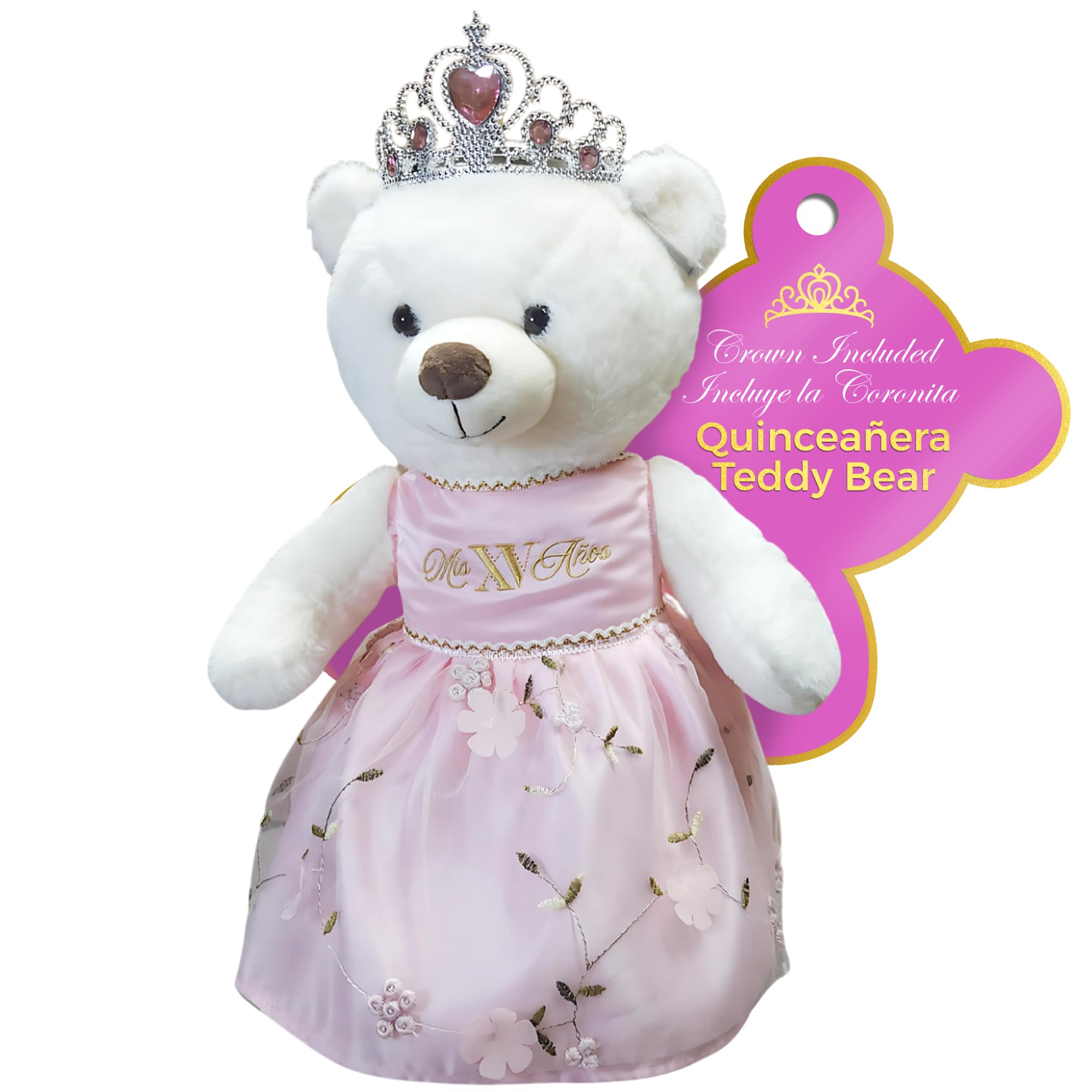 Crafty Crew Quinceañera Teddy Bear 18-inches Tall with Dress for 15th Birthday, Quince Bear with Matching Crown, Ideal Keepsake for 15th Birthday, Mis