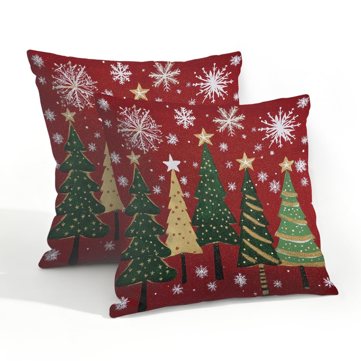 Outdoor Pillow Covers Waterproof Pillowcases 20x20IN Set of 2 Christmas Tree Stars On Red Decorative Throw Cushion Case for Couch Sofa Garden Patio Furniture