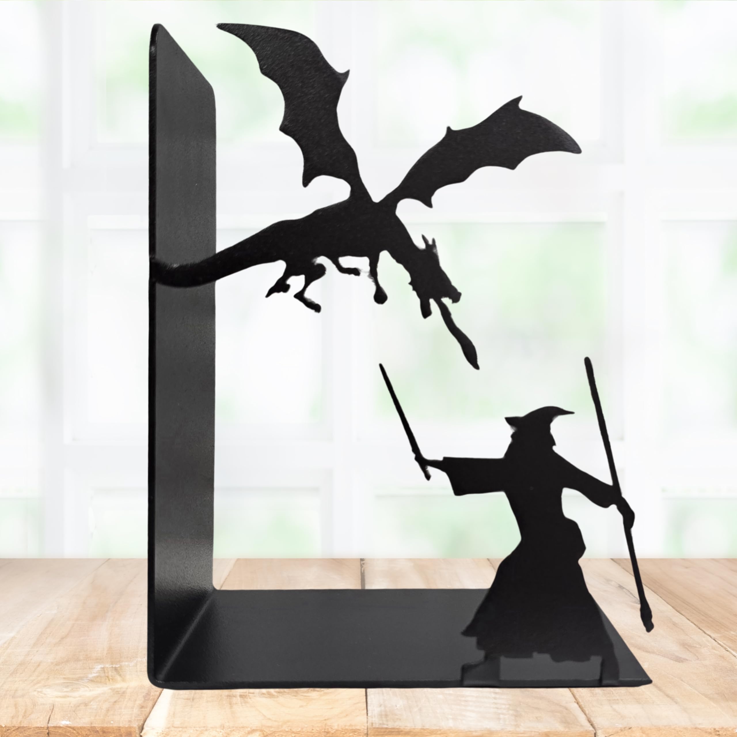 Dekorative Buchstützen aus Stahl, 17,8 cm hoch, 27,9 cm breit, Zauberer und Drache, Schwarz, 1,4 kg