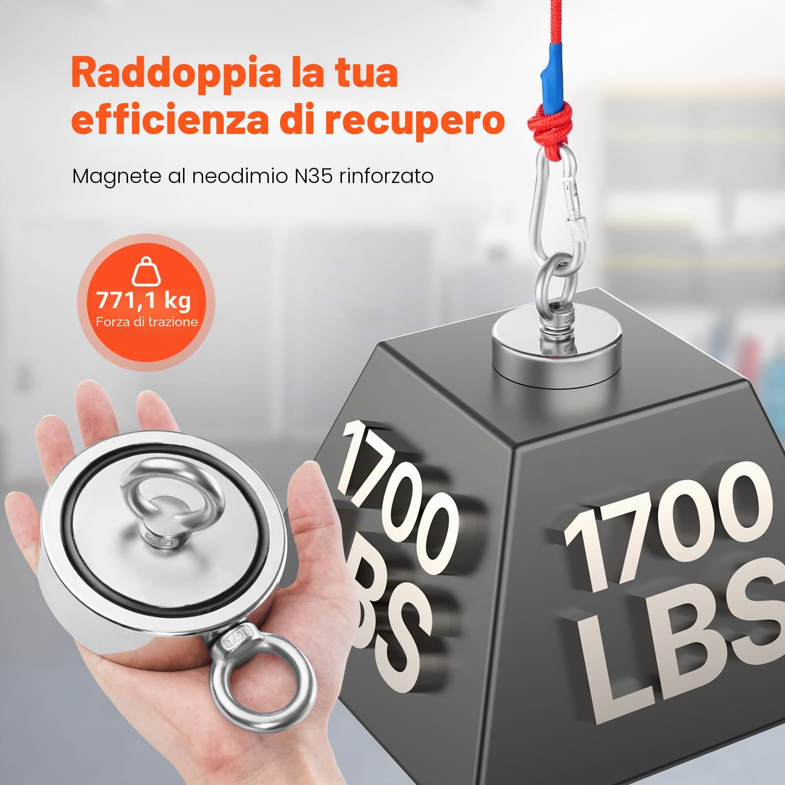 VEVOR Kit da Pesca con Magnete da 771 kg Kit da Pesca con Magnete Forte su Entrambi Lati, Kit da Pesca con Magnete al Neodimio N35 in Terre Rare Include Rampino, Corda Resistente, Golfare e Guanti