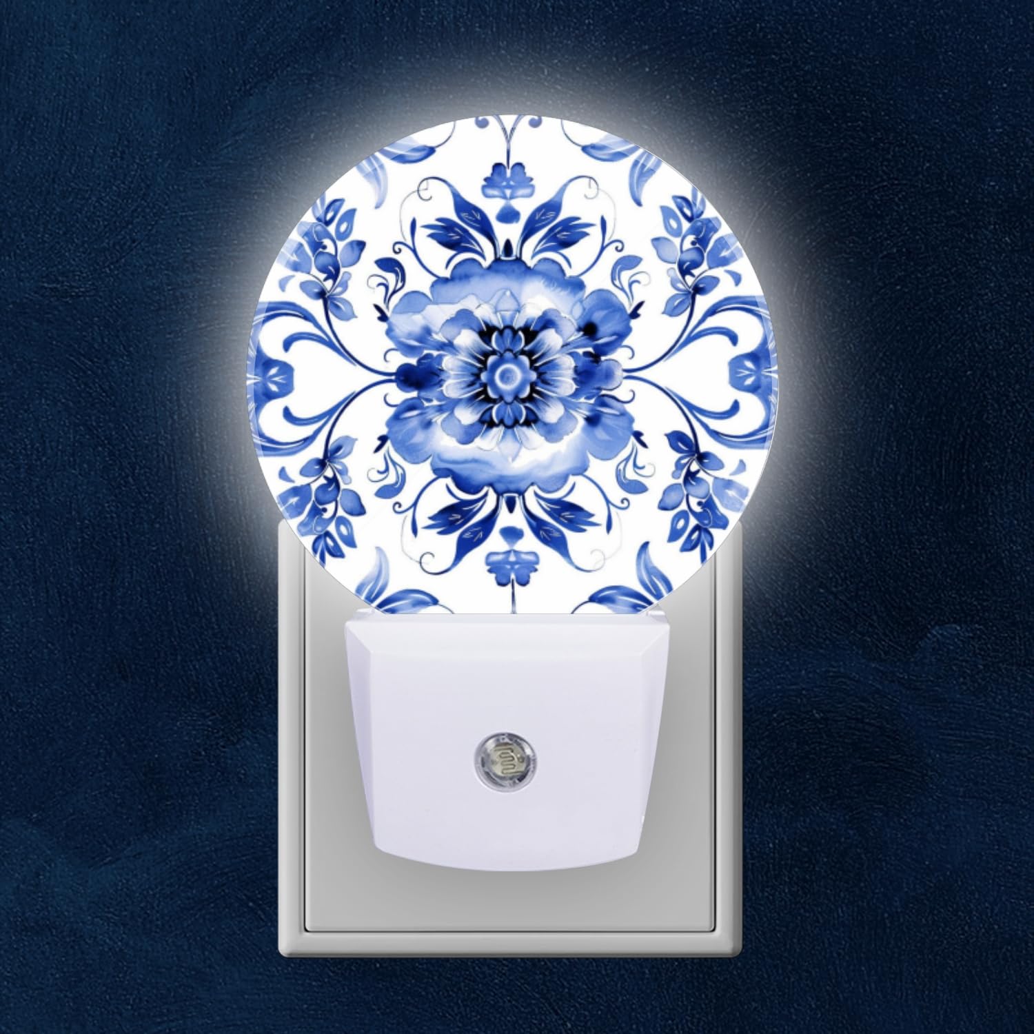 Mearafois Round LED Night Lights Lamp with Dusk to Dawn Sensor Blue and White Porcelain Pattern with Floral
