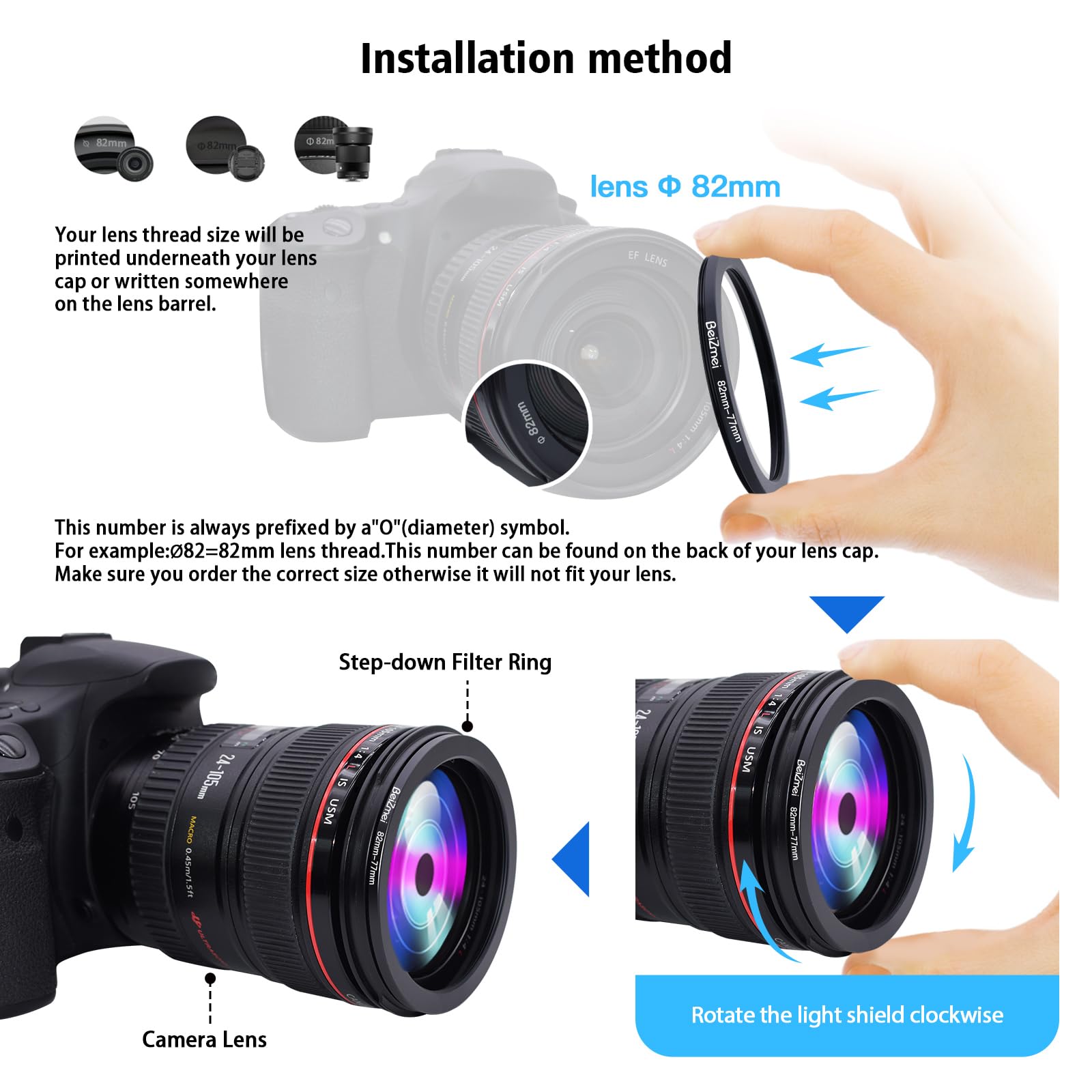 82mm a 77mm Anelli Adattatore Filtro Lente Compatibile con tutte 82mm le Obiettivo a 77mm UV ND CPL filtro,82mm lens to 77mm Filtro Ring