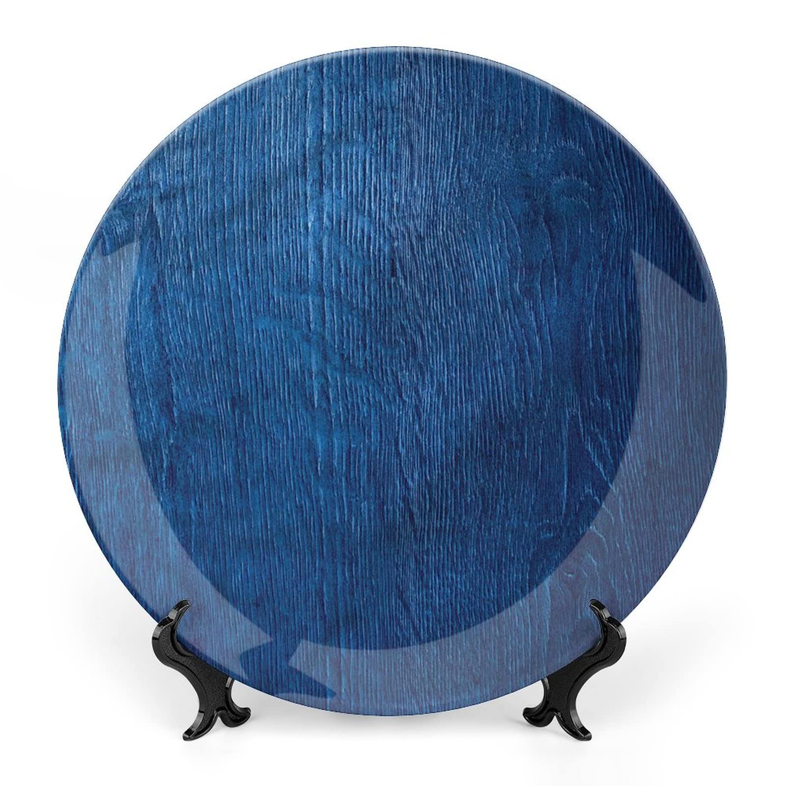 XISUNYA 10 Inch Decorative Plate, Navy Blue Tableware Plate, Oak Wooden Rustic Theme Print Ceramic Wall Hanging for Fine Dining, Upscale Events,
