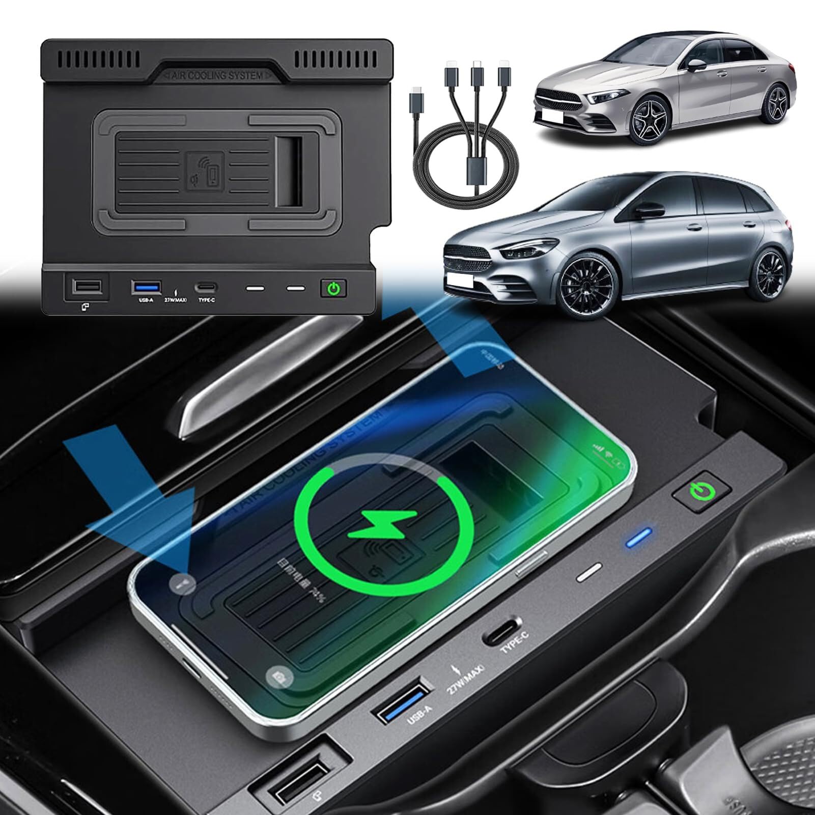 Bezprzewodowa ładowarka samochodowa do klasy A, klasy GLA, klasy B, klasy GLB, klasy CLA, 15 W, z portem USB i QC3.0, kompatybilna ze wszystkimi telefonami kompatybilnymi z Qi, czarna