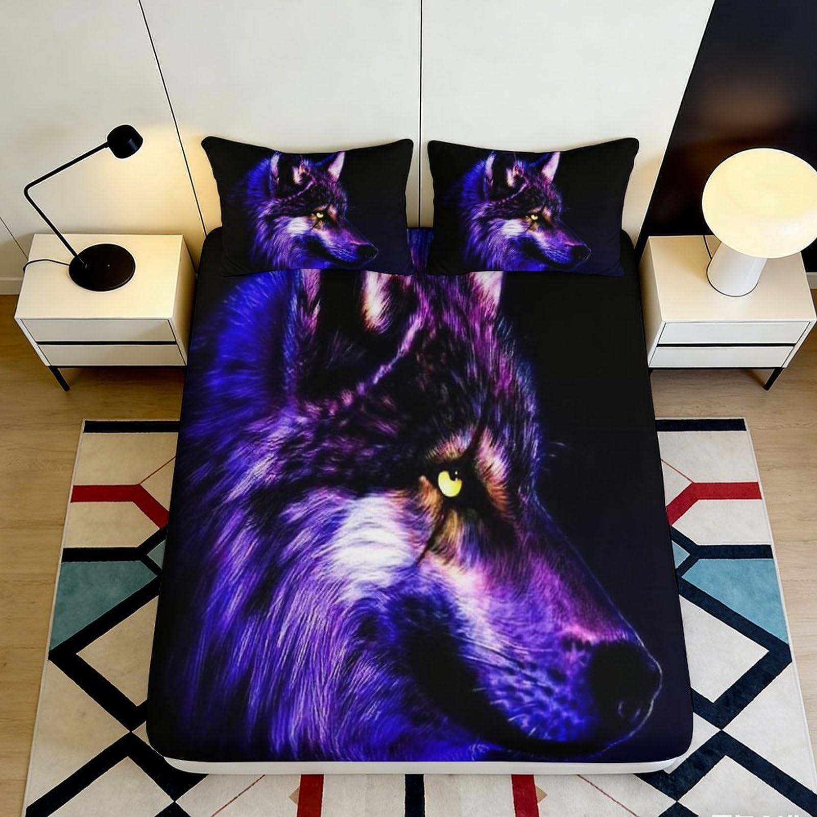 3D Printed Purple Wolf Fitted Sheet Microfiber Soft Durable Black Wolf Bed Cover for Bedroom Dormitory Guest Room Mattress Protection 140x200x25cm