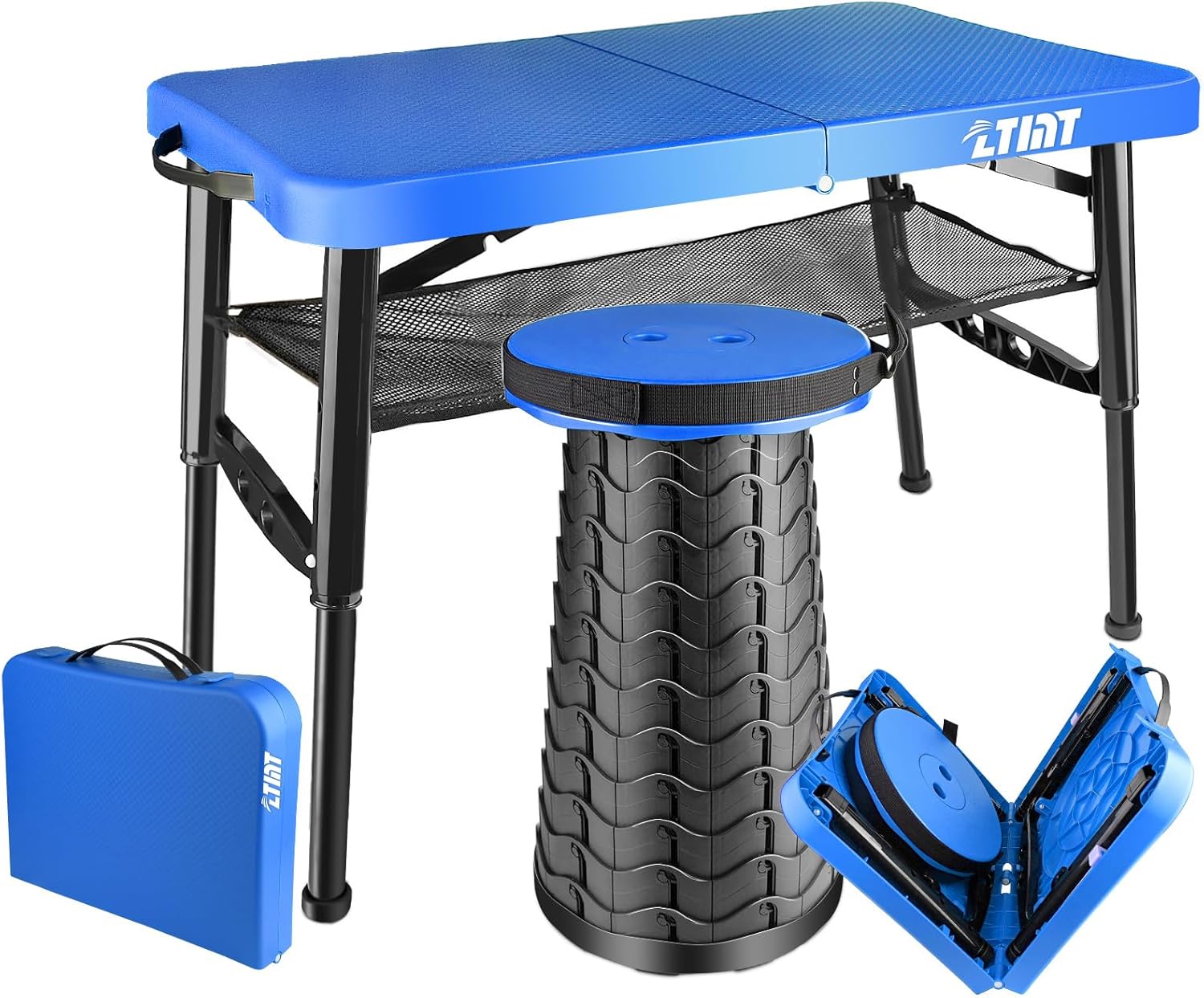 Small Folding Table and Stool, Camp Table, Portable Table, Adjustable Height, Camping Table That Fold Up Lightweight, 4 Foot Outdoor Folding Table, Picnic Table, RV Table, Lap Table Blue