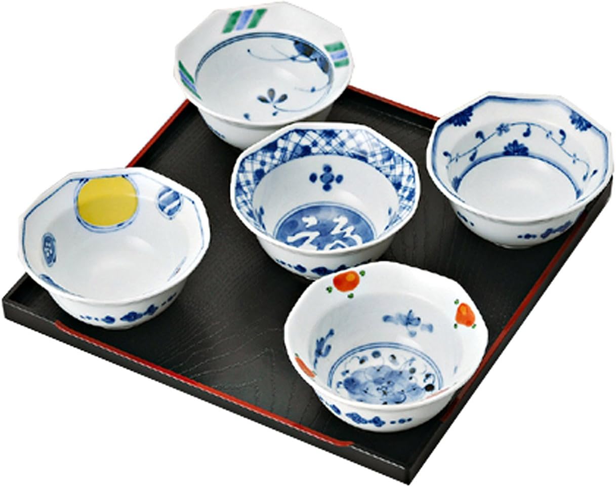 西海陶器(Saikaitoki) Saikai Pottery Hasami Ware 30010 Small Bowl, Octagonal, Small Included, Dyed Nishiki, Picture-Changing Basin, Includes Cosmetic Box, Diameter 3.3 inches (8.5 cm), Set of 5