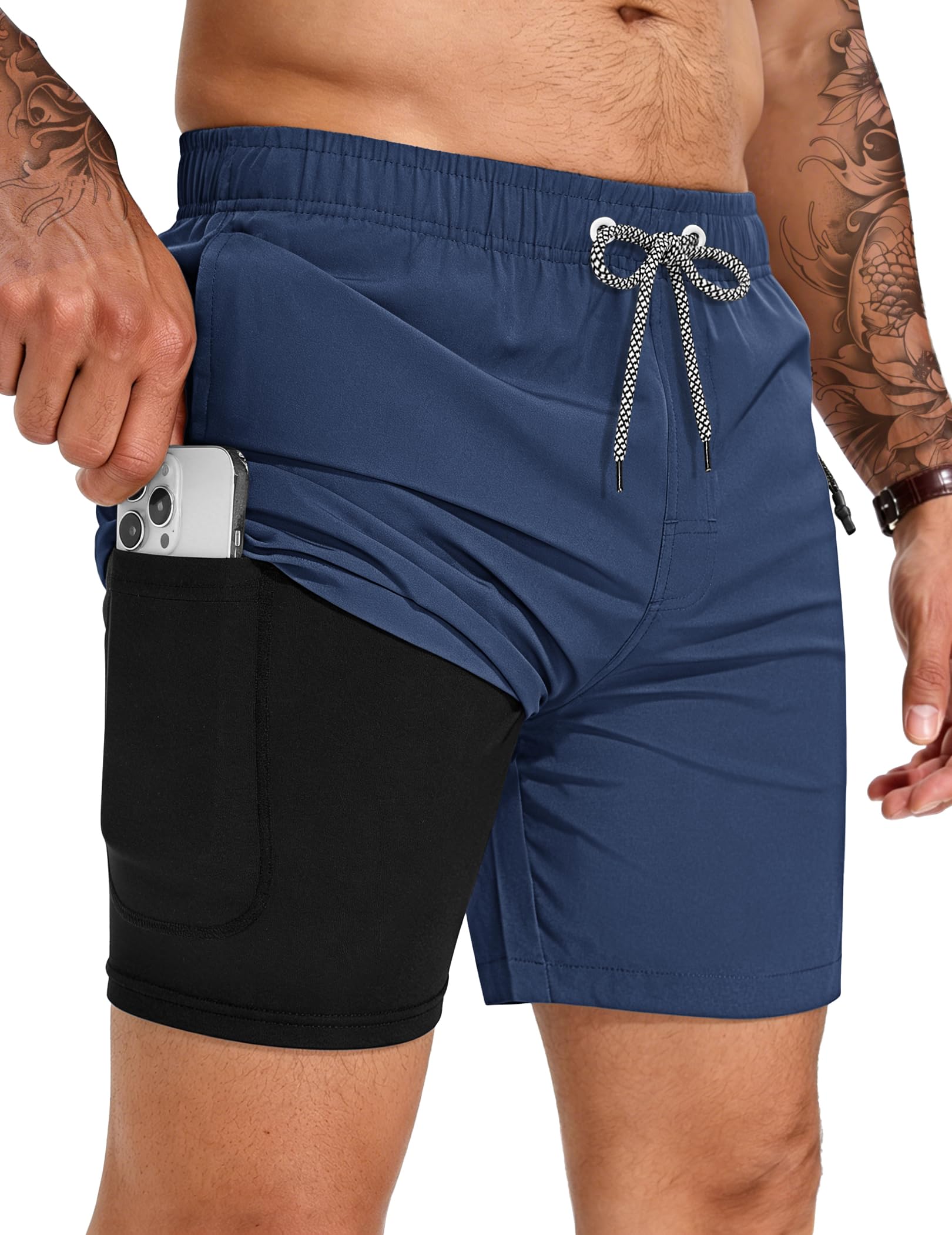 TARAINYA Badehose Herren Zipper Badeshorts 2 in 1 Kompression Liner Schnelltrocknend Atmungsaktiv mit Kordelzug für Strand Schwimmen Urlaub M-4XL