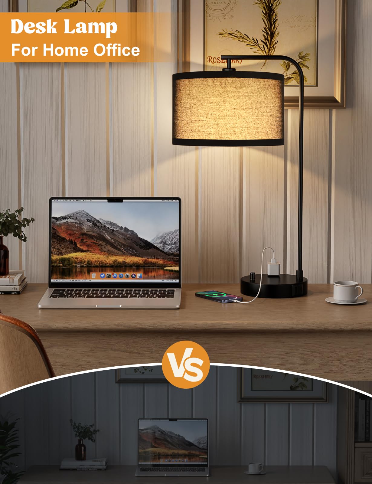 Innqoo Lámpara de mesa alta negra con puerto USB y tomacorriente, lámparas de noche regulables con pantalla de lino, lámpara de escritorio para dormitorio, sala de estar, habitación de invitados