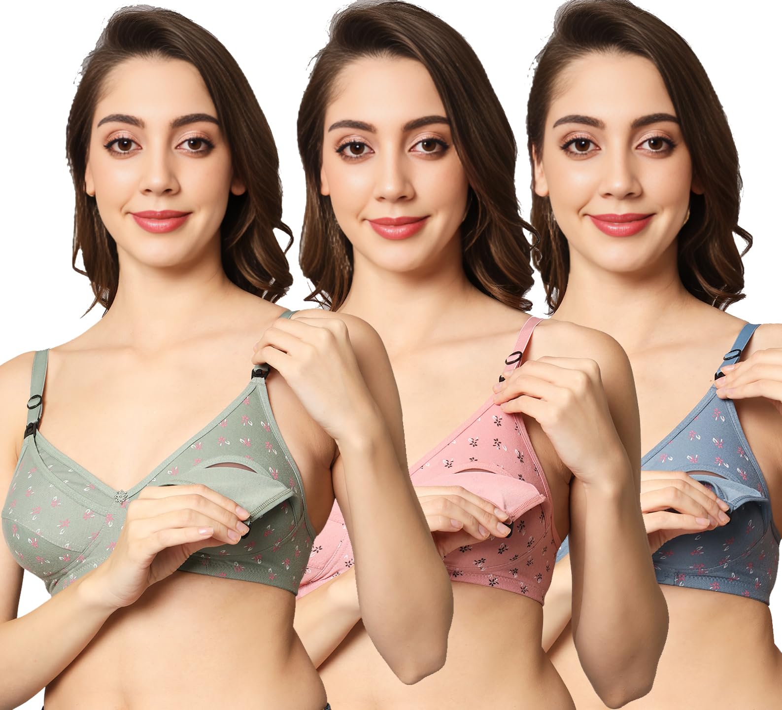 Women's Cotton Feeding Bra/Maternity/Nursing Bra Non-Padded Wire-Free Printed Maternity Bra for Women (Pack of 3)