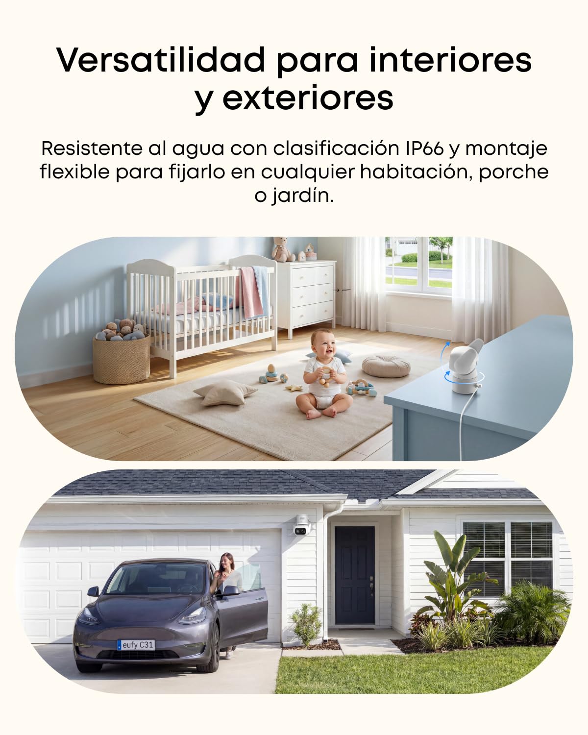 eufy Security C31 camara vigilancia wifi exterior e interior, cámara para mascotas y bebés con aplicación móvil, visión nocturna en color, giro e inclinación de 360,almacenamiento local,grabación 24/7