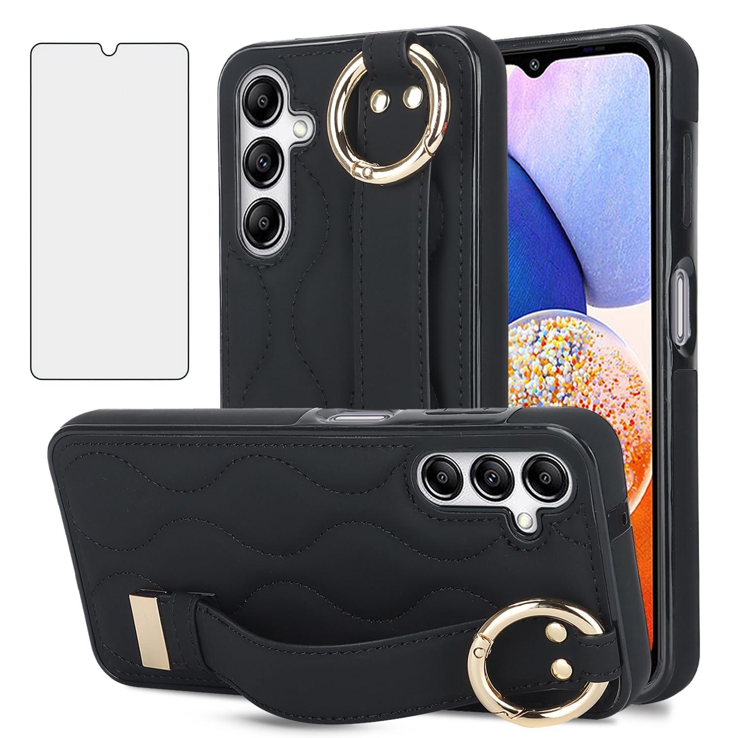Asuwish Phone Case for Samsung Galaxy A14/M14 5G Cover with Screen Protector and Wrist Strap Kickstand Wristband Holder Stand Ring Silicone Rubber Cell Accessories A 14 4G 14A 14M G5 Women Men Black