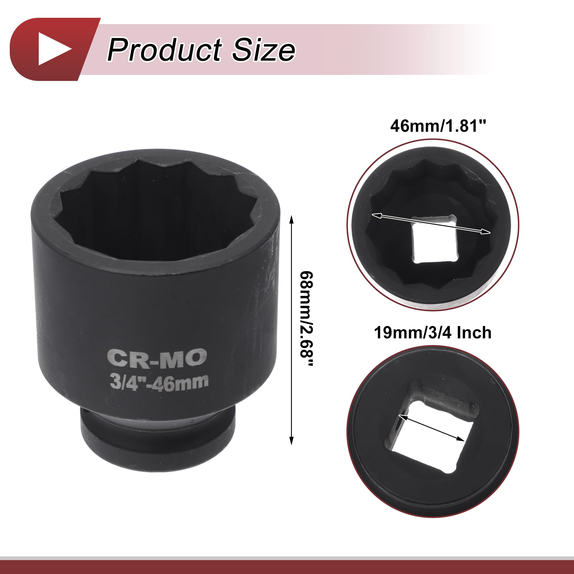 HEROFFIX 1 Pcs Impact Socket Durable Hardware Tool 68mm Black High Carbon Steel 12 Point 46mm for Car Motorcycle Dirtbike Repair 3/4 Inch Drive - Image 4