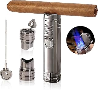 ciggtea Butane Cigar Lighter with Cigar Punch, Triple Jet Flame Torch Lighter, Refillable Tank & Windproof Lighter， Premium Smoking Accessories，Gifts for Men(Butane Gas Not Included)