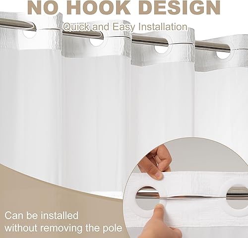 Miniatura 3 de Cortina de ducha sin gancho con forro a presión, cortinas de ducha gruesas resistentes con ventana superior de malla, cortina bohemia de lujo para