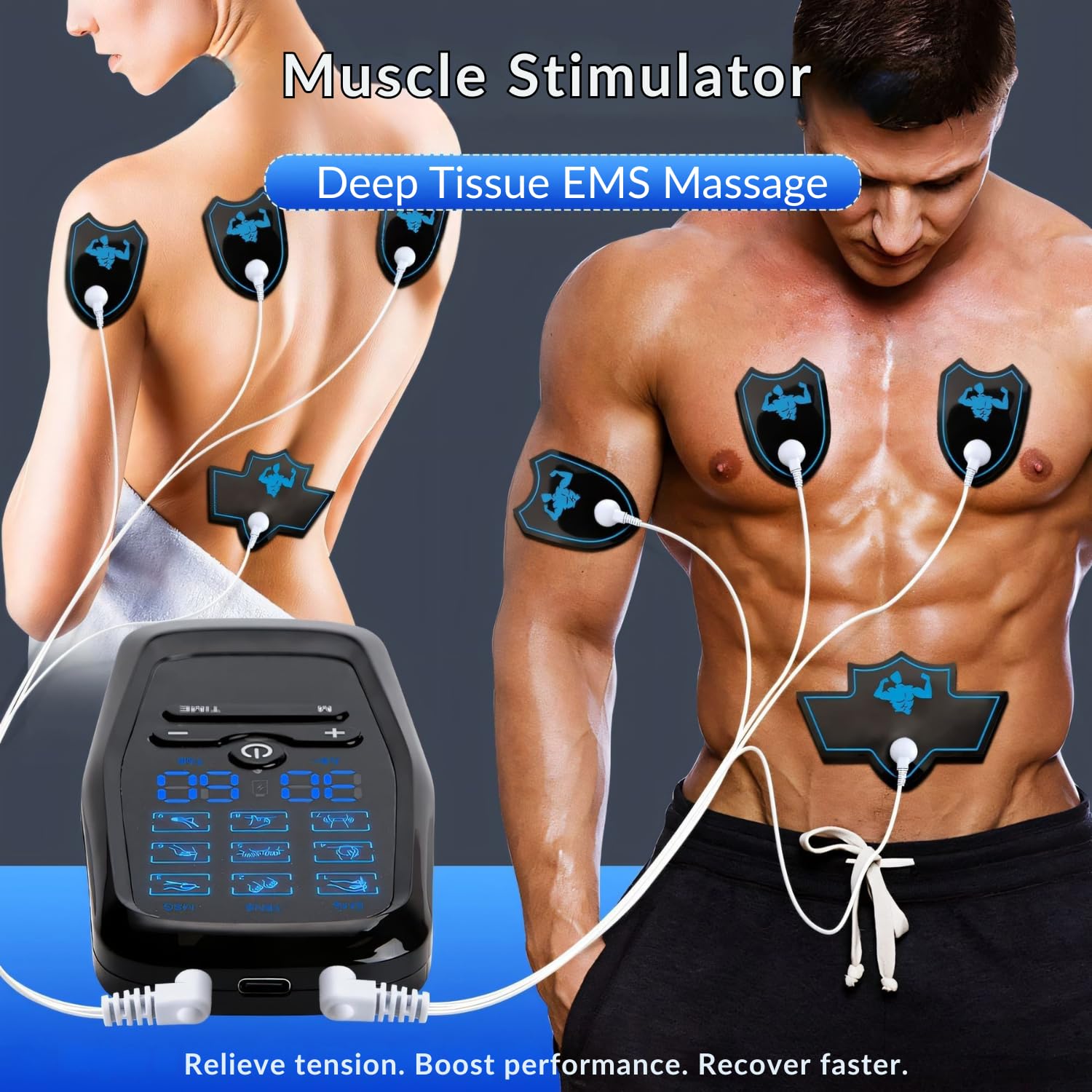 Macchina TENS con batteria da 40 ore, stimolatore muscolare EMS 3 in 1 con cuscinetti di presa sicura per schiena, collo e sciatica, 9 modalità