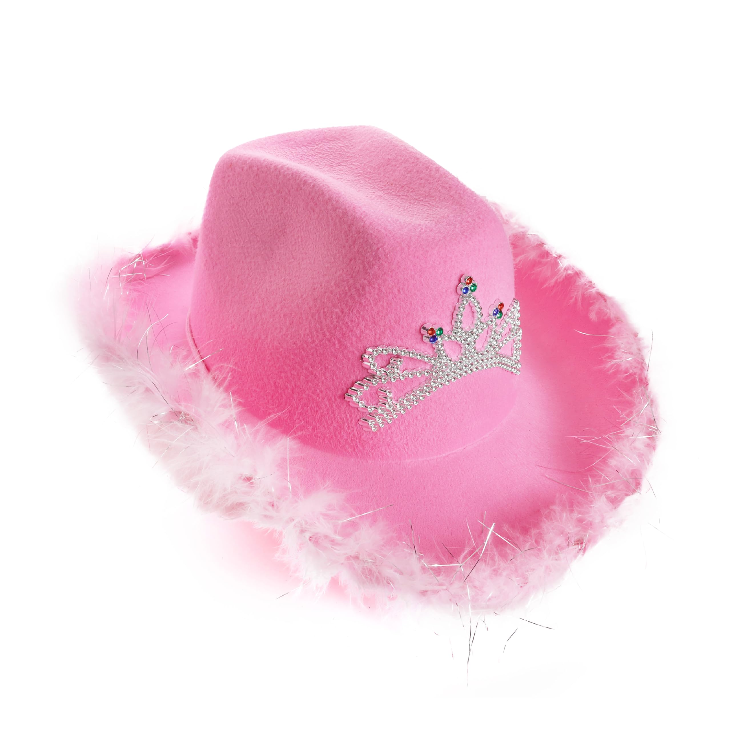 Pink Tiara Cowgirl Hats - Pack of 6 - Pink Cowgirl Hat with Marabou Trim and Tiara Decoration - Adults Festival Music Fancy Dress Accessory
