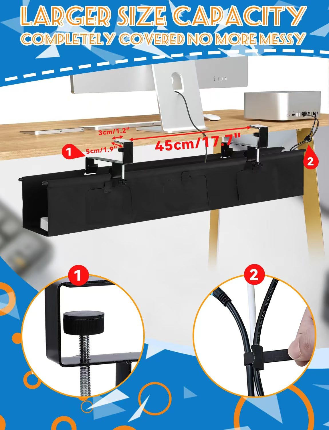 Bandeja de gestión de cables para debajo del escritorio sin taladrar, organizador de cables debajo del escritorio, organizador de cables de montaje con abrazadera/tornillo, ocultador de cables